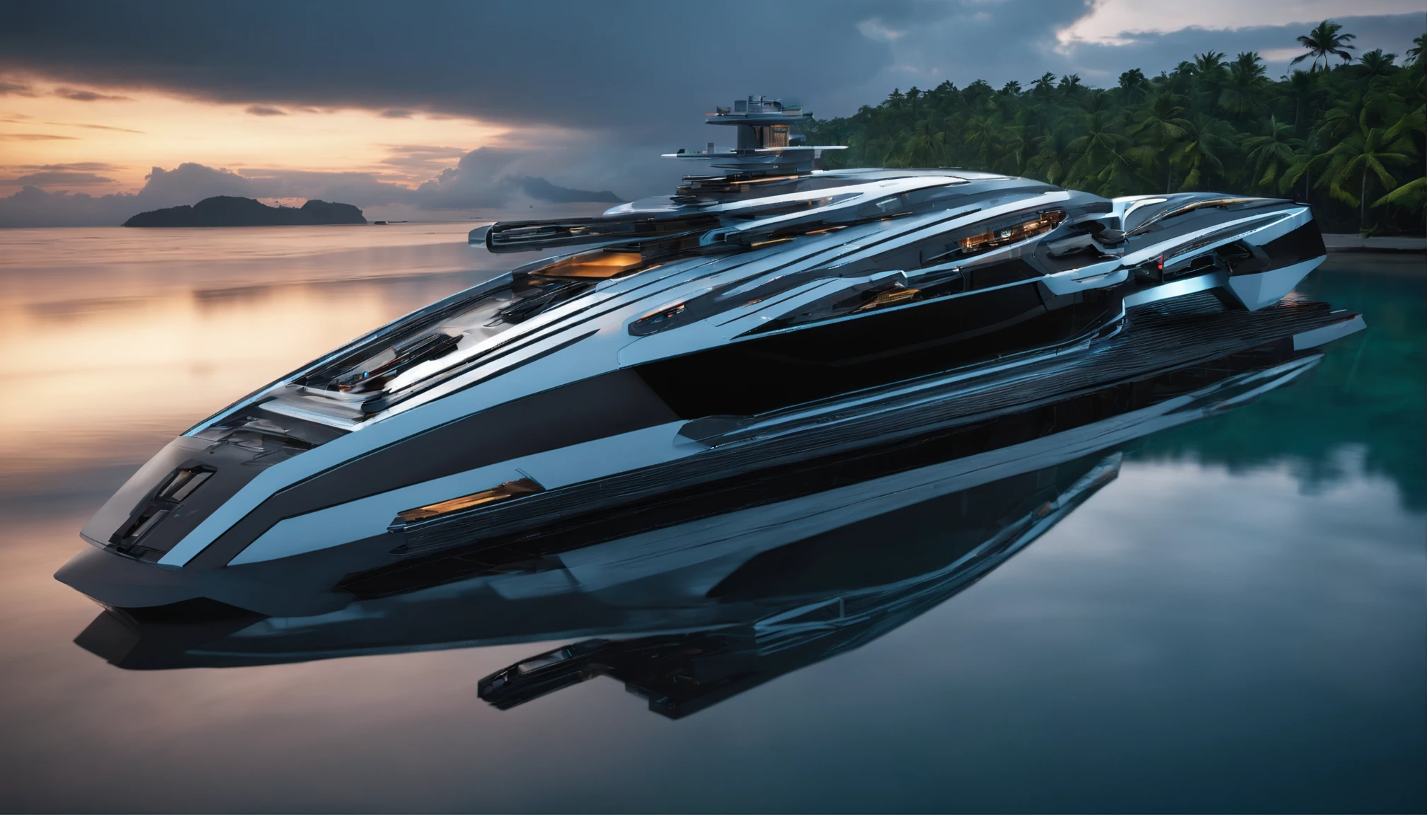 Create a captivating image of a futuristic luxury yacht in the style of Star Wars photographed from a bird's-eye view at sunrise, surrounded by the mist of a tranquil bay in the Maldives. The ethereal atmosphere in the style of Star Wars, captured with drone photography, should evoke the style of Jimmy Chin.