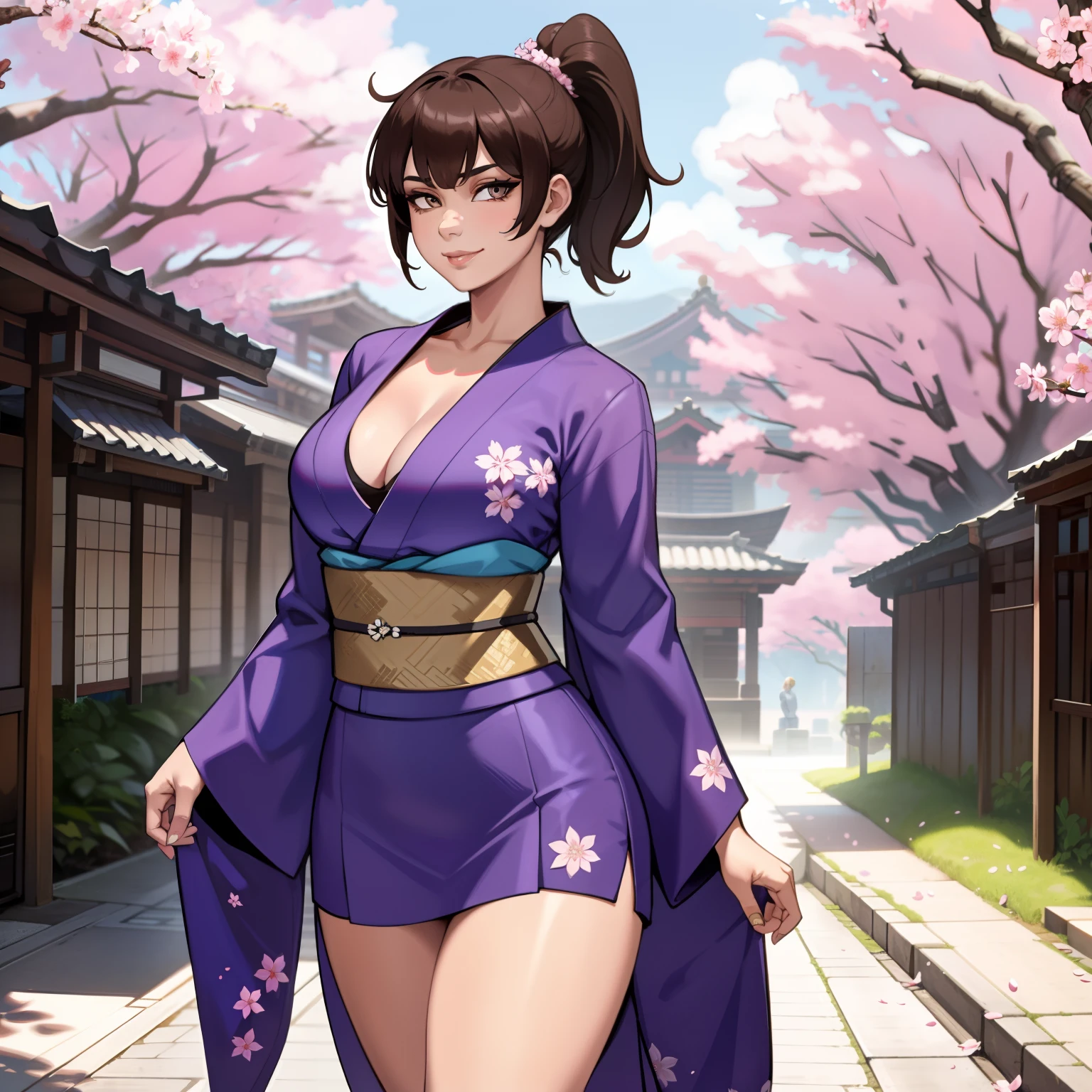one female with short ponytail brown haircut, has brown eyes, wearing blue cherry blossom kimono, alone, solo, (ALONE)(SOLO), showing cleavage, facing forward, looking at me, looking forward, smirk, showing full legs, looking casual