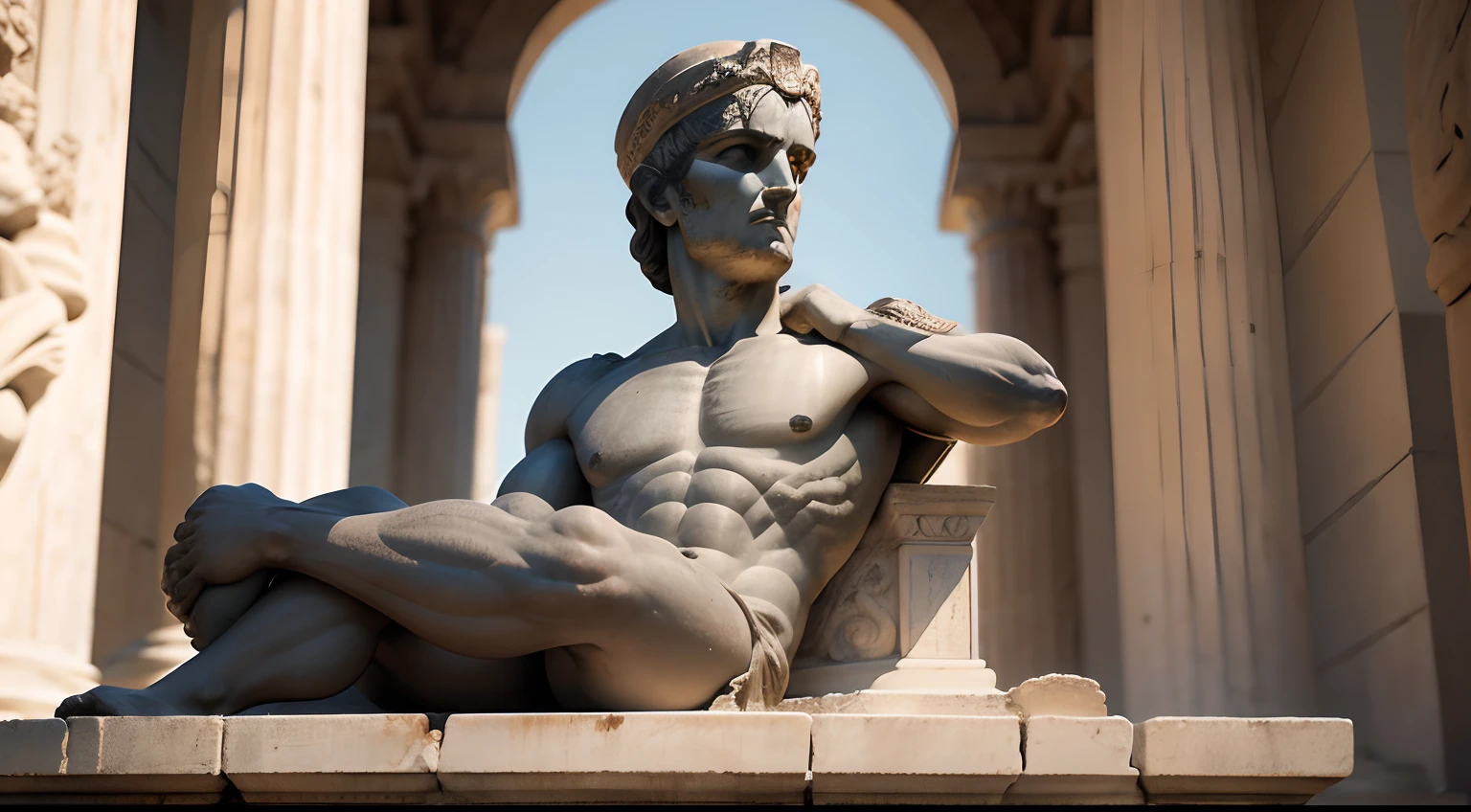 Ancient Greek statue with angry expression, Outside, com rosto extremamente detalhado full body view, Colors with low saturation with dark tone, Filmado em Sony A7S III com Sony FE 35mm f/1.8, 12.1 MP, --AR 3:2 --estilo cru