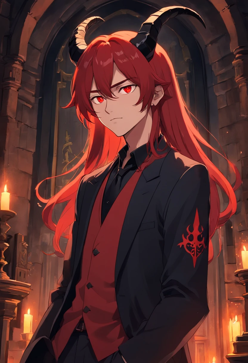 Male long red hair red eyes black horns demon red body hair fancy rich person clothes inside a dark castle anime artstyle Dim lighting black nails