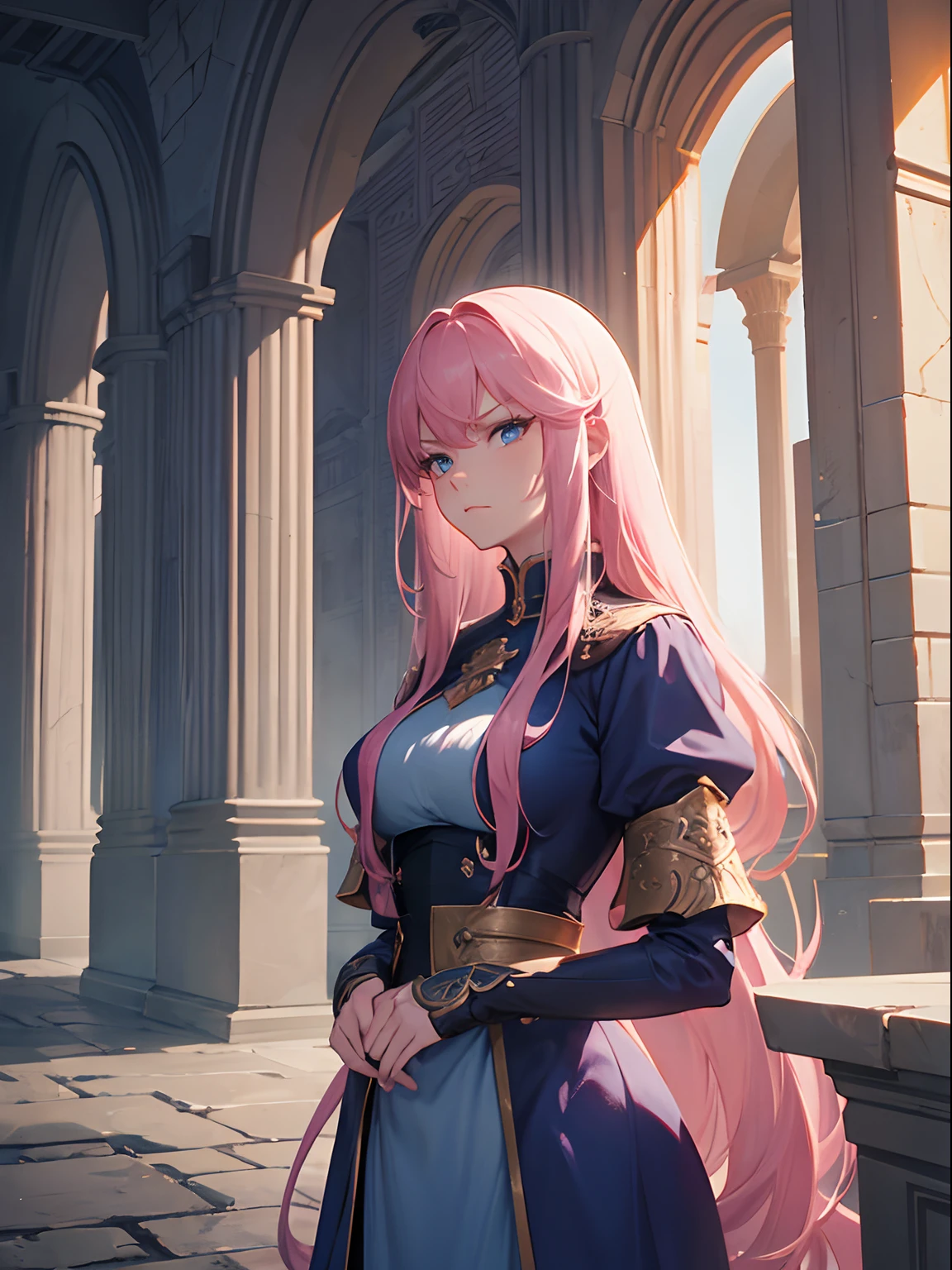 Close up, fantasy world, large stone throne room, stone brick wall, adult woman, annoyed expression, arrogant personality, long frizzly pink hair, blue eyes, blue and white dress, standing