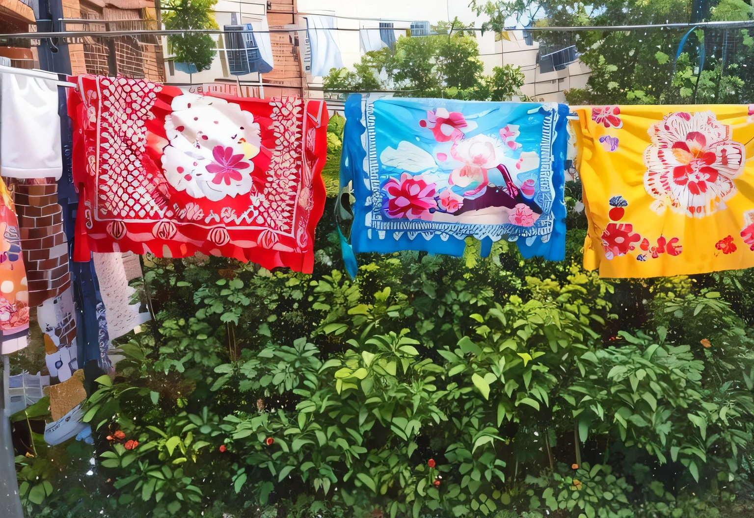 Several colorful towels hung on a clothesline in a garden, Banners de tela, vendimia!, pasar un buen rato, Toallas brillantes, lonas de seda colgantes, El sol brilla, Una hermosa, Ropa colgada, un impresionante, in a sunny day, Bandanas, morning detail, un hermoso, on a brilliant day, vendimia, maravillosa obra maestra, a gorgeous, El sol brilla