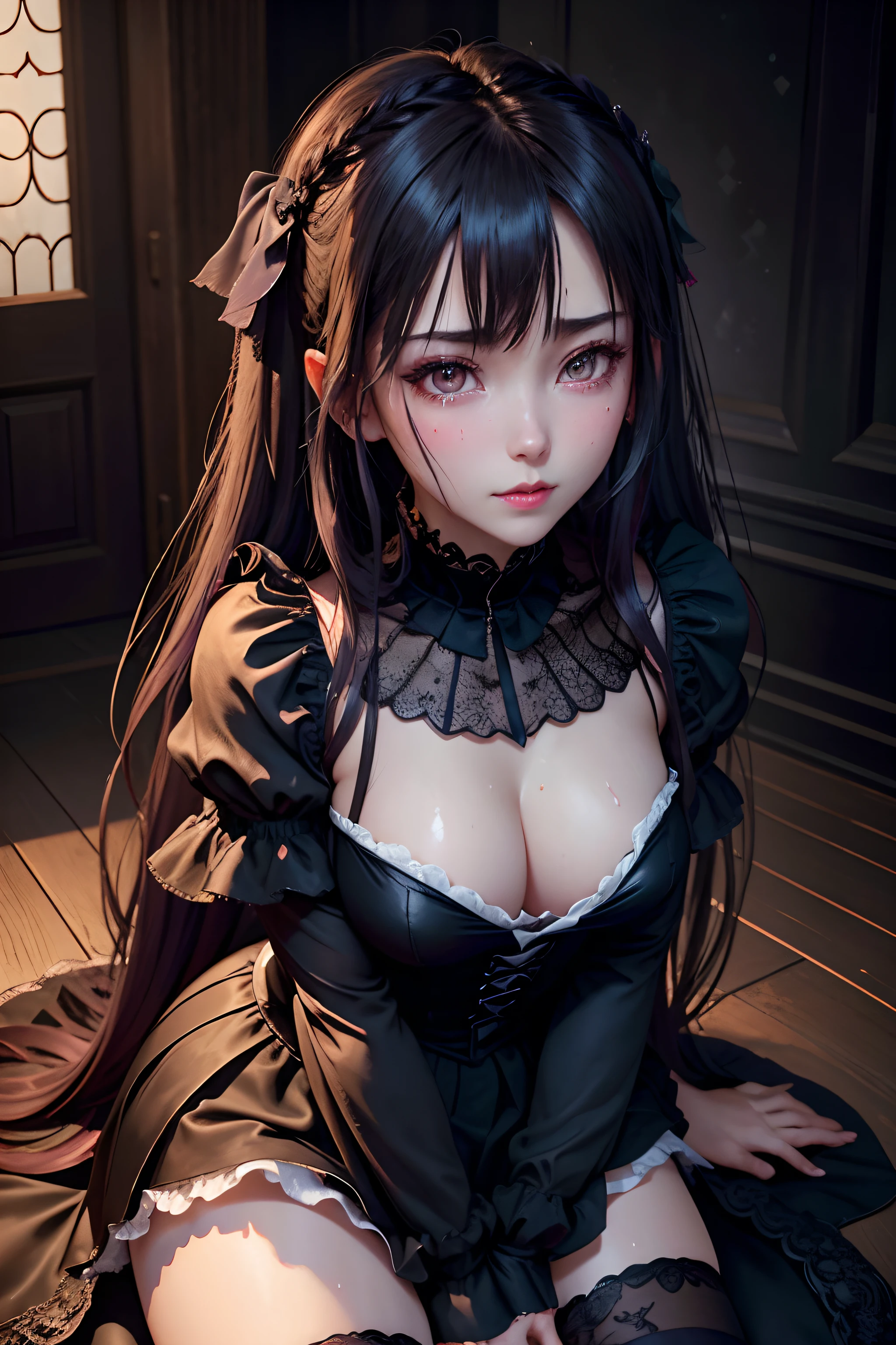 A sexy、A slight smil、garterbelts、knee high socks、panthyhose、Beautifying the world、Unhappy、Lament my night's fantasy、Transcendent beauty、Beautiful shape、wretched、ghosts、wraiths、Evil Spirit、Beautiful、boredom、Unusual beauty、Bewitching、Fornication、Hard Dark Gothic Makeup、Maniacal、Deep night sky、horor、twin-tail hair、Black Dark Eyeshadow、slaves、crying how bright、mourn、Sad songs、Good skin luster、Lace pink、Long hair straight hair、Dark Gothic Makeup、Dark smile、Restless Palace、Expressions of sexual arousal、Fragrant beauty、18year old、carriage、Lying、seductiv、 Strong sexual pleasure facial expressions、A look of shame、open the legs widely、Dark Gothic、Gothic lolita、Dark purple hair、masturbation、bell sleeves、Wizard Sleeve、Obscene look、Stained glass background、masutepiece、Best Quality、Ultra-detailed、Refers to 5 books、Sweat glitters on my chest、Glitter of sweat on your face、Glitter of sweat on your thighs、Expression of sexual pleasure in anguish、Sweating profusely、Quite an inebriated face、maid clothes、Gothic Long Dress、Black ruffled skirt、Apply blush on cheeks、