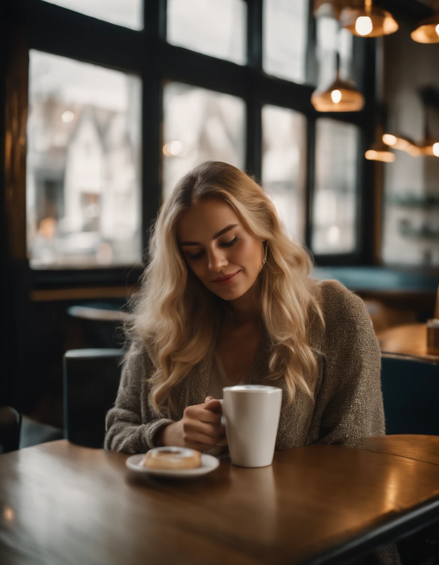 25 year old woman drinking coffee in trendy café, Long hair, Blonde hair, Stylish clothes, jeans.(full body Esbian:1.5)、outside of house、Looking at your smartphone