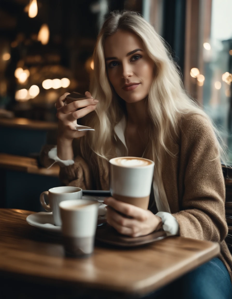 25 year old woman drinking coffee in trendy café, Long hair, Blonde hair, Stylish clothes, jeans.(full body Esbian:1.5)、outside of house、Looking at your smartphone