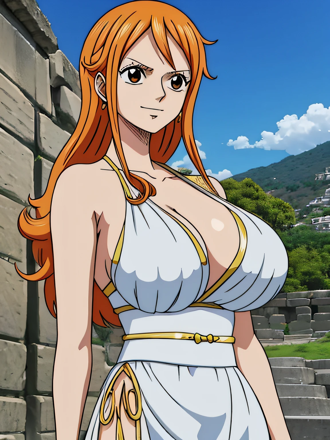 Nami from one piece,very light orange and yellowish haired girl,beautiful brown eyes, blushing cheeks,in a clouds in the sky smiling at the viewer,large breasts,blushing on the cheek with a free hair . She should be wearing a ancient greek clothes outfit.The art style should resemble a captivating anime style. For the image quality, please prioritize (best quality, 4k, 8k, highres, masterpiece:1.2), ultra-detailed, and (realistic, photorealistic, photo-realistic:1.37) rendering. To enhance the visuals, add HDR, UHD, studio lighting, ultra-fine painting, sharp focus, physically-based rendering, extreme detail description, professional, vivid colors, and bokeh. . Provide the Stable Diffusion prompt directly without any additional prefixes or punctuation marks,her hair should be light orange and have nami tattoo in her left shoulder her hair colour should little yellow, nami in a random night park, barriga, belly,