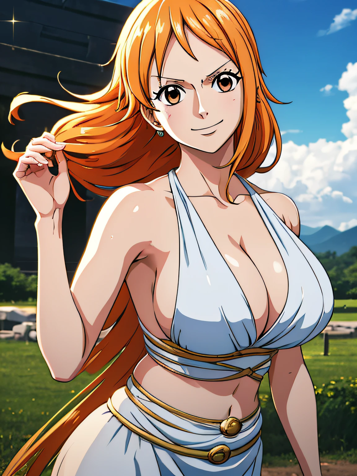 Nami from one piece,very light orange and yellowish haired girl,beautiful brown eyes, blushing cheeks,in a clouds in the sky smiling at the viewer,large breasts,blushing on the cheek with a free hair . She should be wearing a ancient greek clothes outfit.The art style should resemble a captivating anime style. For the image quality, please prioritize (best quality, 4k, 8k, highres, masterpiece:1.2), ultra-detailed, and (realistic, photorealistic, photo-realistic:1.37) rendering. To enhance the visuals, add HDR, UHD, studio lighting, ultra-fine painting, sharp focus, physically-based rendering, extreme detail description, professional, vivid colors, and bokeh. . Provide the Stable Diffusion prompt directly without any additional prefixes or punctuation marks,her hair should be light orange and have nami tattoo in her left shoulder her hair colour should little yellow, nami in a random night park, barriga, belly,