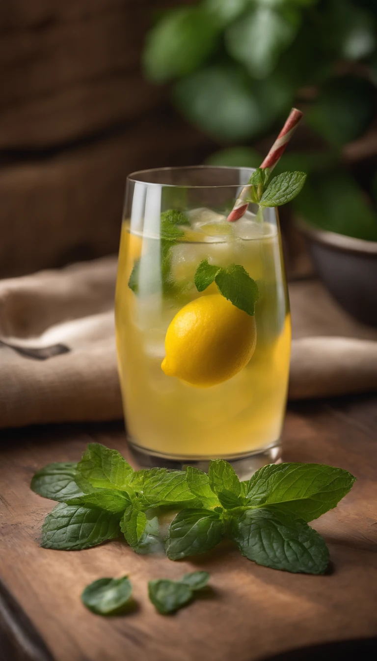 a glass of lemon juice、bloo、Refrigeration effect、on a wooden tray、2 lemon and mint leaves、Next to the green and red straws、Ultra-realistic food images、Complete theme shown in the picture、Randy Post、surrealistic」、surrealistic&quot;、high-resolution photo