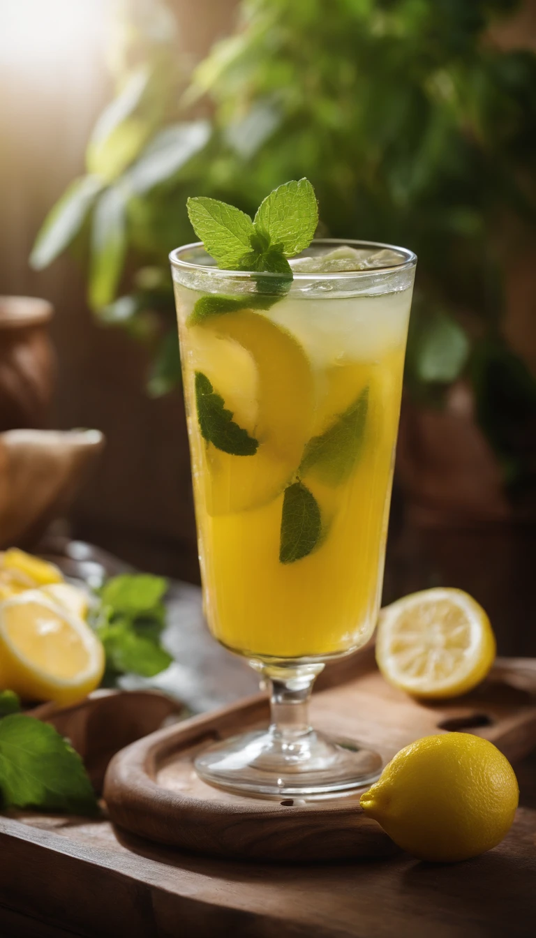 a glass of lemon juice、bloo、Refrigeration effect、on a wooden tray、2 lemon and mint leaves、Next to the green and red straws、Ultra-realistic food images、Complete theme shown in the picture、Randy Post、surrealistic」、surrealistic&quot;、high-resolution photo
