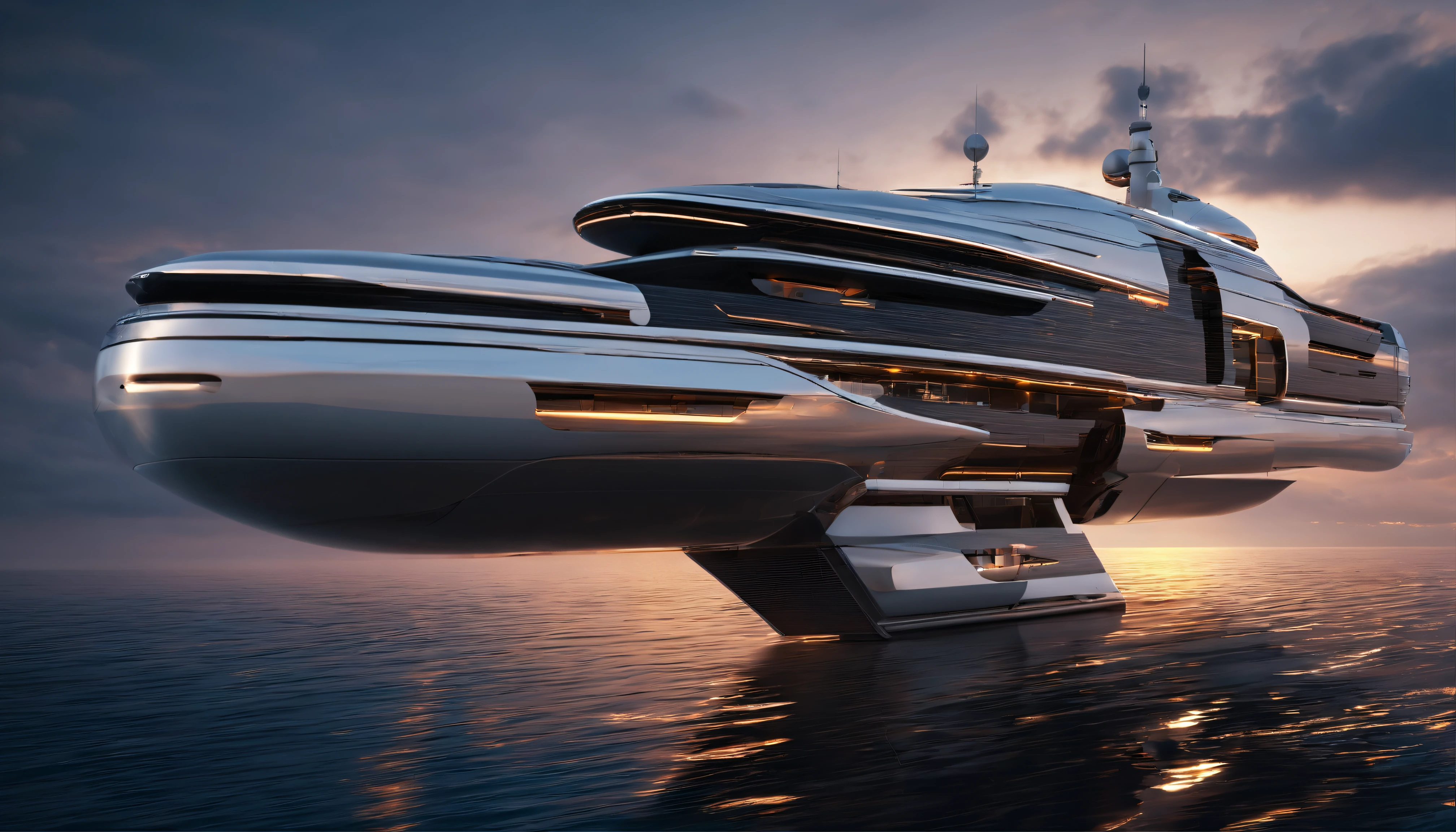Create a captivating image of a futuristic luxury yacht in the style of Star Wars photographed from a bird's-eye view at sunrise, surrounded by the mist of a tranquil bay in the Maldives. The ethereal atmosphere in the style of Star Wars, captured with drone photography, should evoke the style of Jimmy Chin.