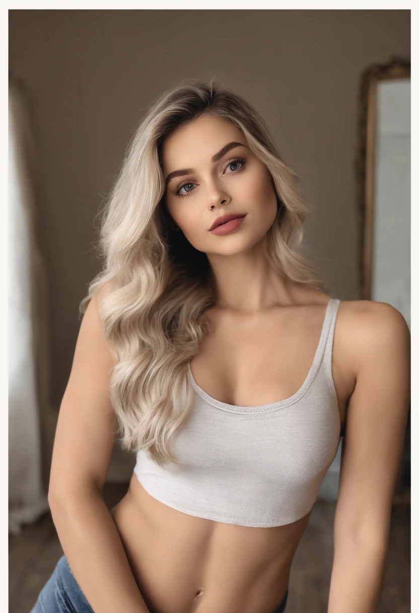 Woman with tank top and matching panties, Fille sexy aux yeux bleus, Portrait Sophie Mudd, Retrato de Corinna Kopf, cheveux blonds et grands yeux, selfie of a young woman, Les yeux dans la chambre, Violet Myers, ohne Maquillage, Maquillage naturel, Look directly into the camera, Visage avec Artgram, dezentes Maquillage, Superbe photo du corps entier, Dans la chambre, Fission, ultra detail face, ultra realist, with small defects