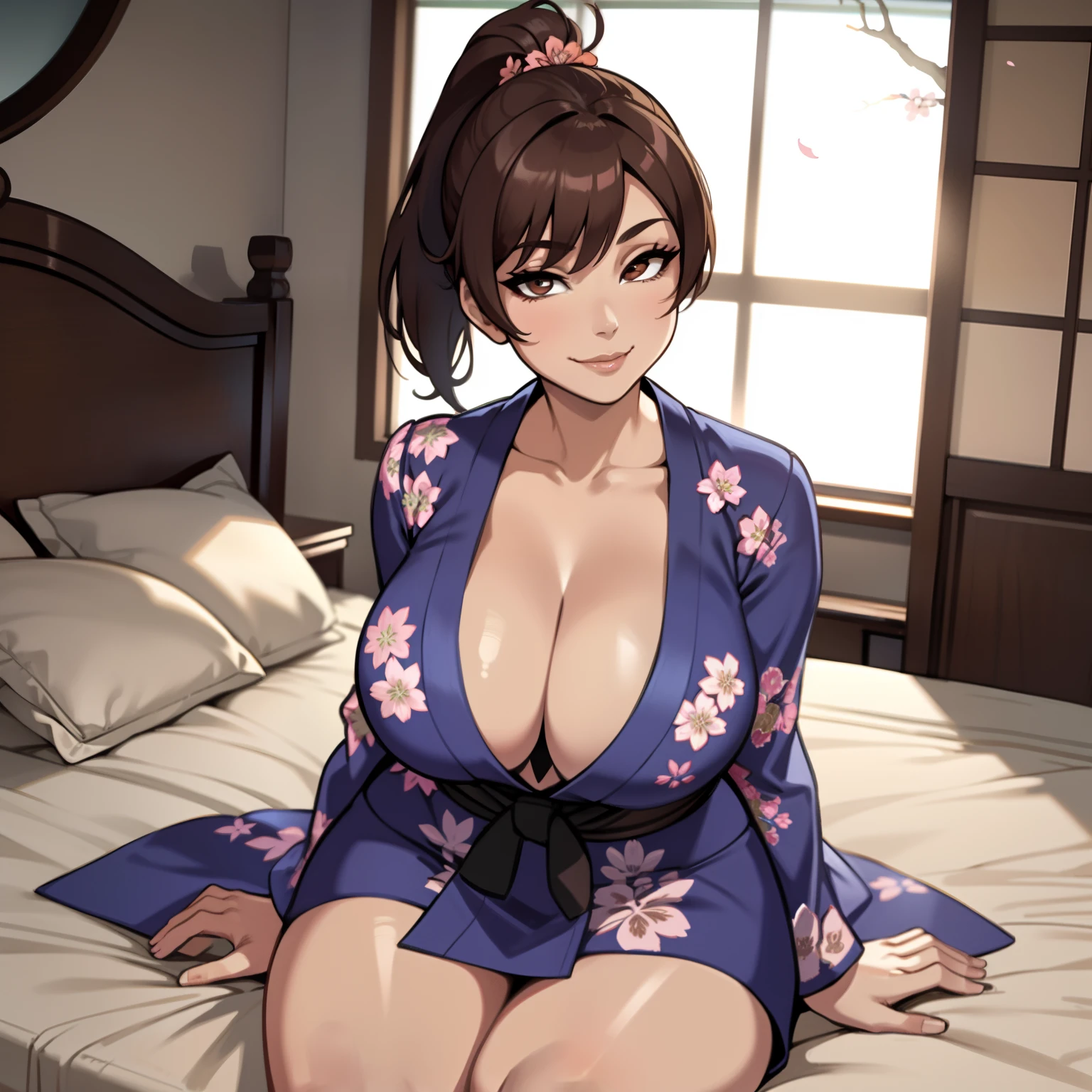 one female with short ponytail brown haircut, has brown eyes, wearing blue cherry blossom kimono, alone, solo, (ALONE)(SOLO), showing cleavage, facing forward, looking at me, looking forward, smirk, showing full legs, looking casual, sitting on bed, large chest