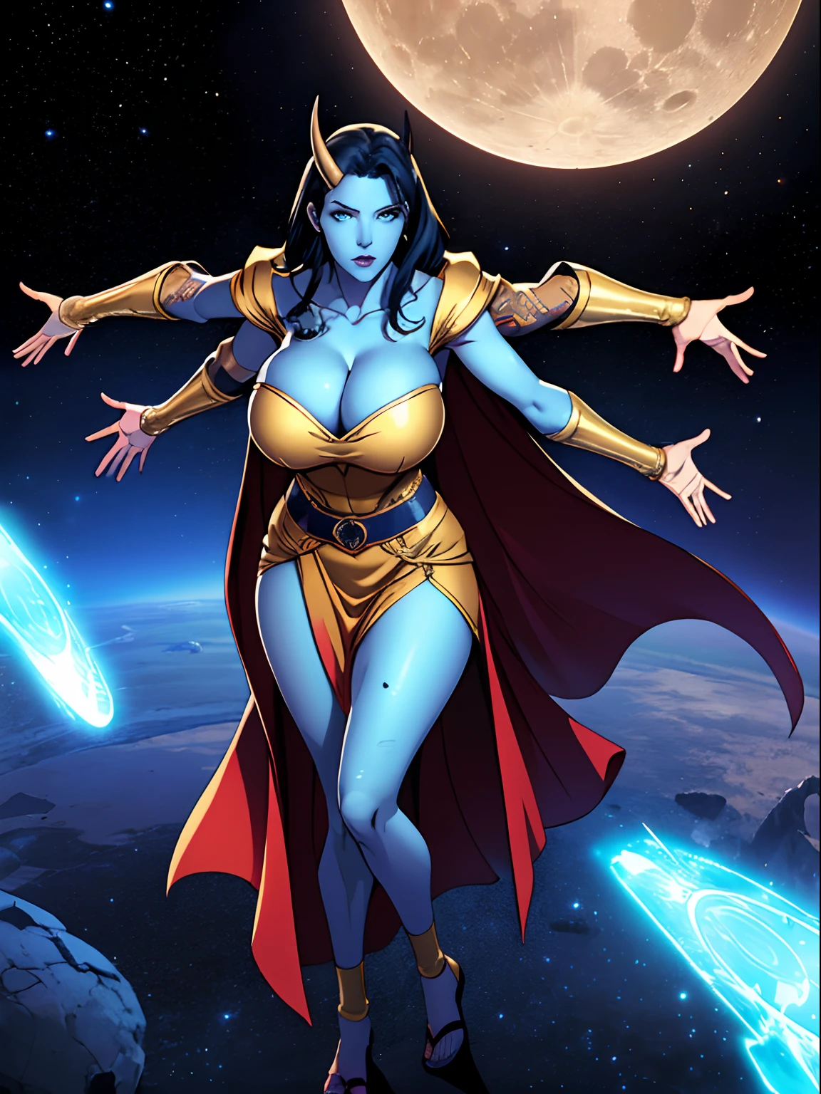 (masterpiece, top quality, best quality, official art, beautiful and aesthetic:1.2), (1girl:1.3), dark blue hair in braid, extremely detailed, portrait, looking at viewer, solo, (full body:0.6), detailed background, close up, (cool science fiction space theme:1.1), ((((blue skin)))), extremely busty sorceress, charlatan, mysterious, casting spells in space, four arms, revealing white and gold robes, fingerless gloves, long gloves, glowing magical energy, blindfold, elaborate headdress, golden ceremonial horns, sheer white fabric, elegant robes, skirts, streamers, cowl, cape, sandals, bracers, ((((four arms, gigantic breasts, cleavage, skindentation)))), slim waist, slim hips, long legs, athletic, SPACE, futuristic moon, (space exterior:1.1) background, dark mysterious lighting, shadows, magical atmosphere, dutch angle