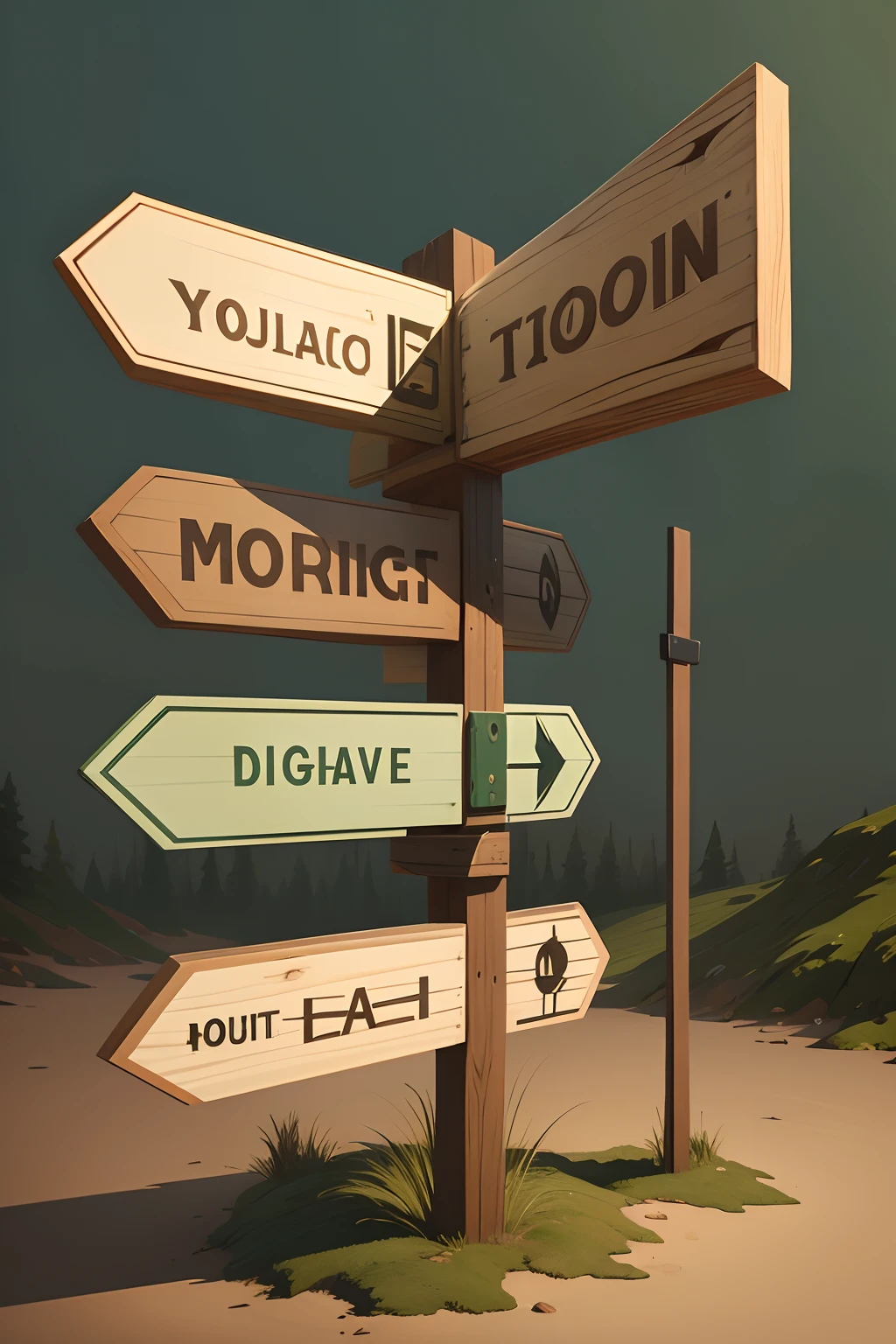 Cartoon style. lot of wooden blank direction signs with no text on it. Signs are showing allaround. calming atmosphere, brown and dark green accents in nature