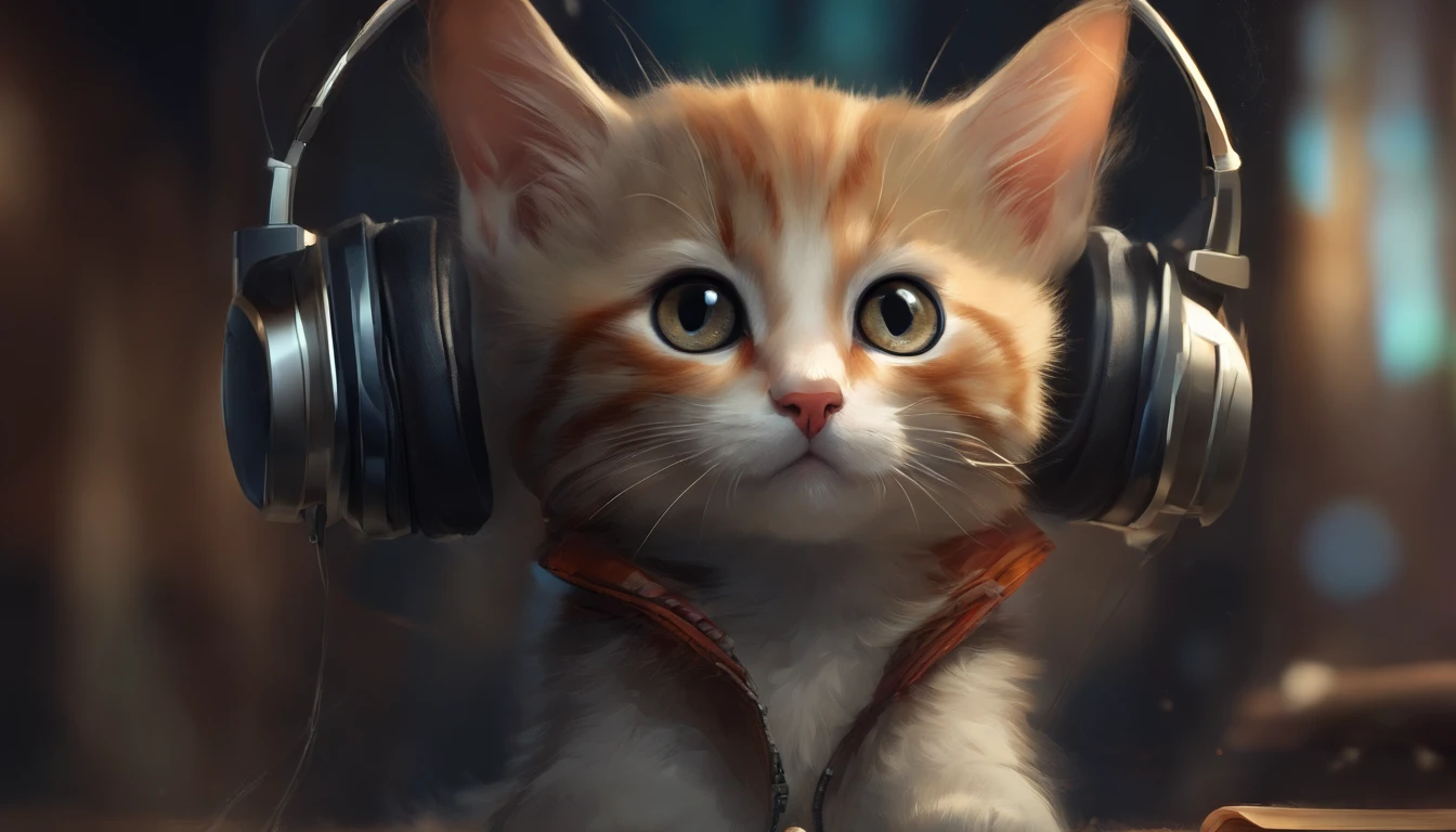 a cute little cat, Wear a student jacket, Wearing sunglasses, Wearing headphones, Standing position, Abstract beauty, Centered, Looking at the camera, Facing the camera, nearing perfection, Dynamic, Moonlight, Highly detailed, Digital painting, art stations, concept-art, smooth, Sharp focus, 8K, high definition resolution, illustration, Art by Carne Griffiths and Wadim Kashin,