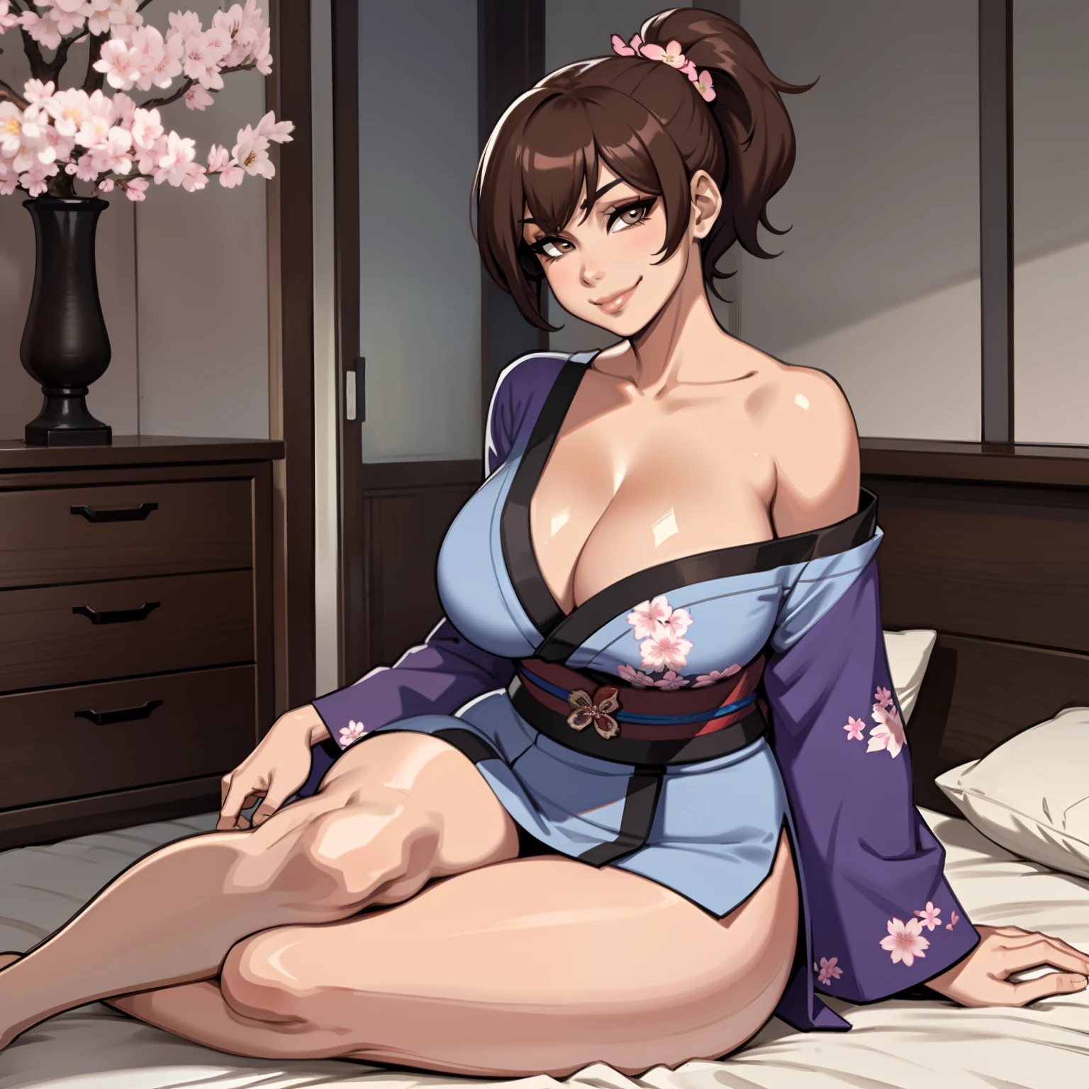 one female with short ponytail brown haircut, has brown eyes, wearing blue cherry blossom kimono, alone, solo, (ALONE)(SOLO), showing cleavage, facing forward, looking at me, looking forward, smirk, showing full legs, looking casual, sitting on bed, large chest