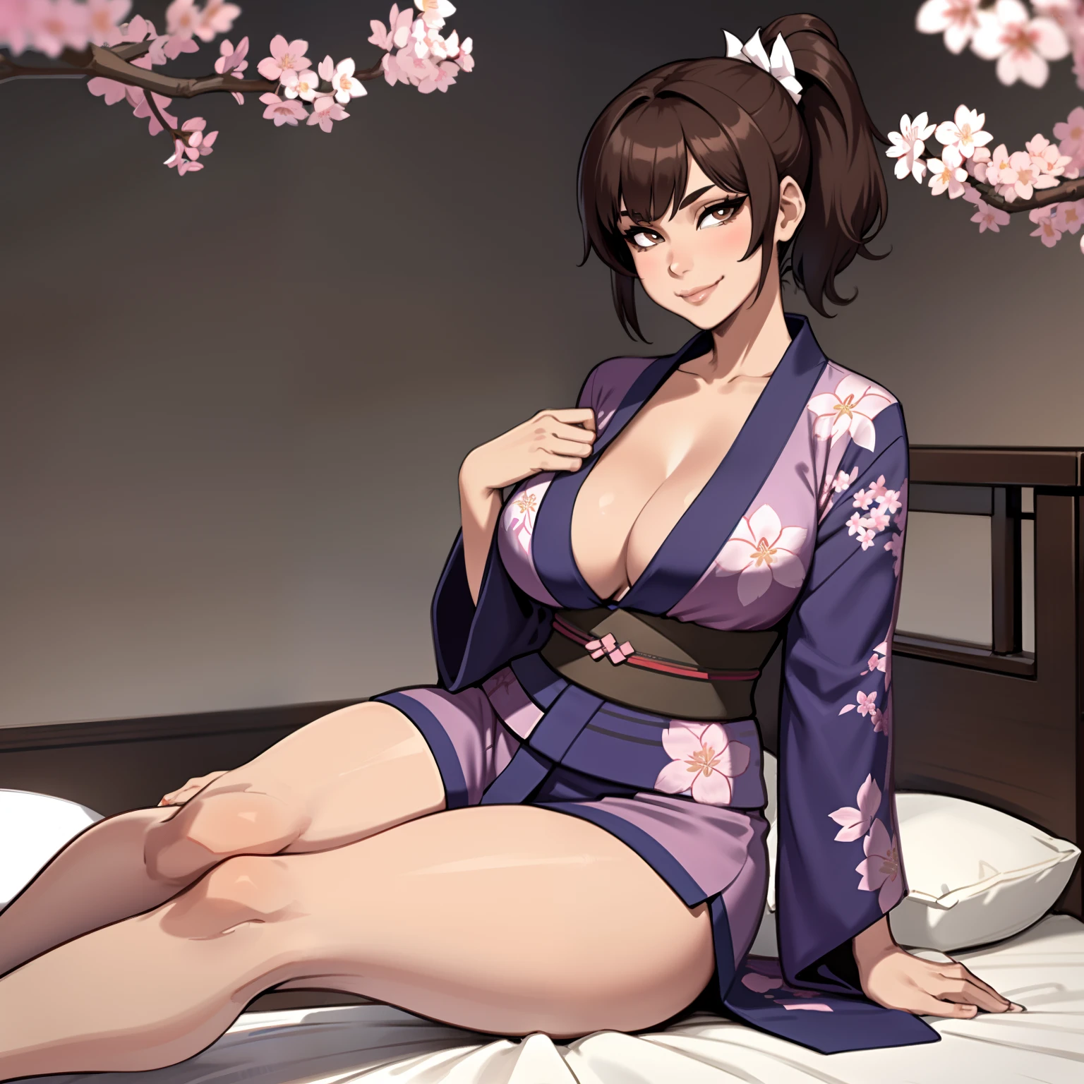 one female with short ponytail brown haircut, has brown eyes, wearing blue cherry blossom kimono, alone, solo, (ALONE)(SOLO), showing cleavage, facing forward, looking at me, looking forward, smirk, showing full legs, looking casual, sitting on bed, large chest