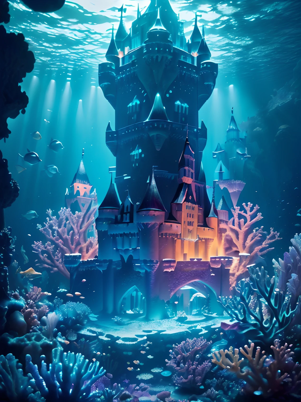 (Mysterious underwater kingdom,Light at the deep seabed,Colorful coral reefs and tropical fish,Sparkling jellyfish),(Gorgeous Castle:1.5),(Strong lighting and shadows,Beautiful depth of field,A variety of exotic sea creatures),(Film grain and render chromatic aberration,movie level special effects,Fine, Ultra-detailed, Highly realistic high-resolution imaging review)