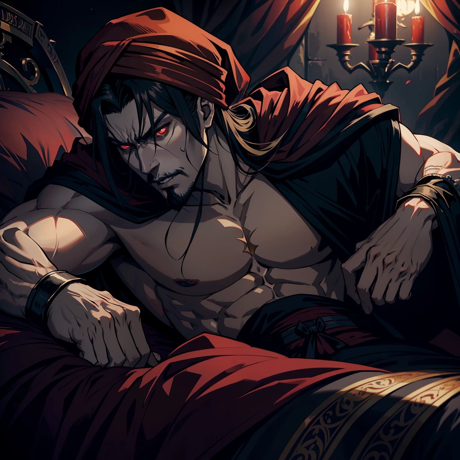 Castlevania Super Realistic Shadow Lord Super Detailed Dynamic shot of Lord Dracula with red Arabian turban sleeping anxiously in his bed hokuto sick no ken kenshiro Scary Face Structure Lord