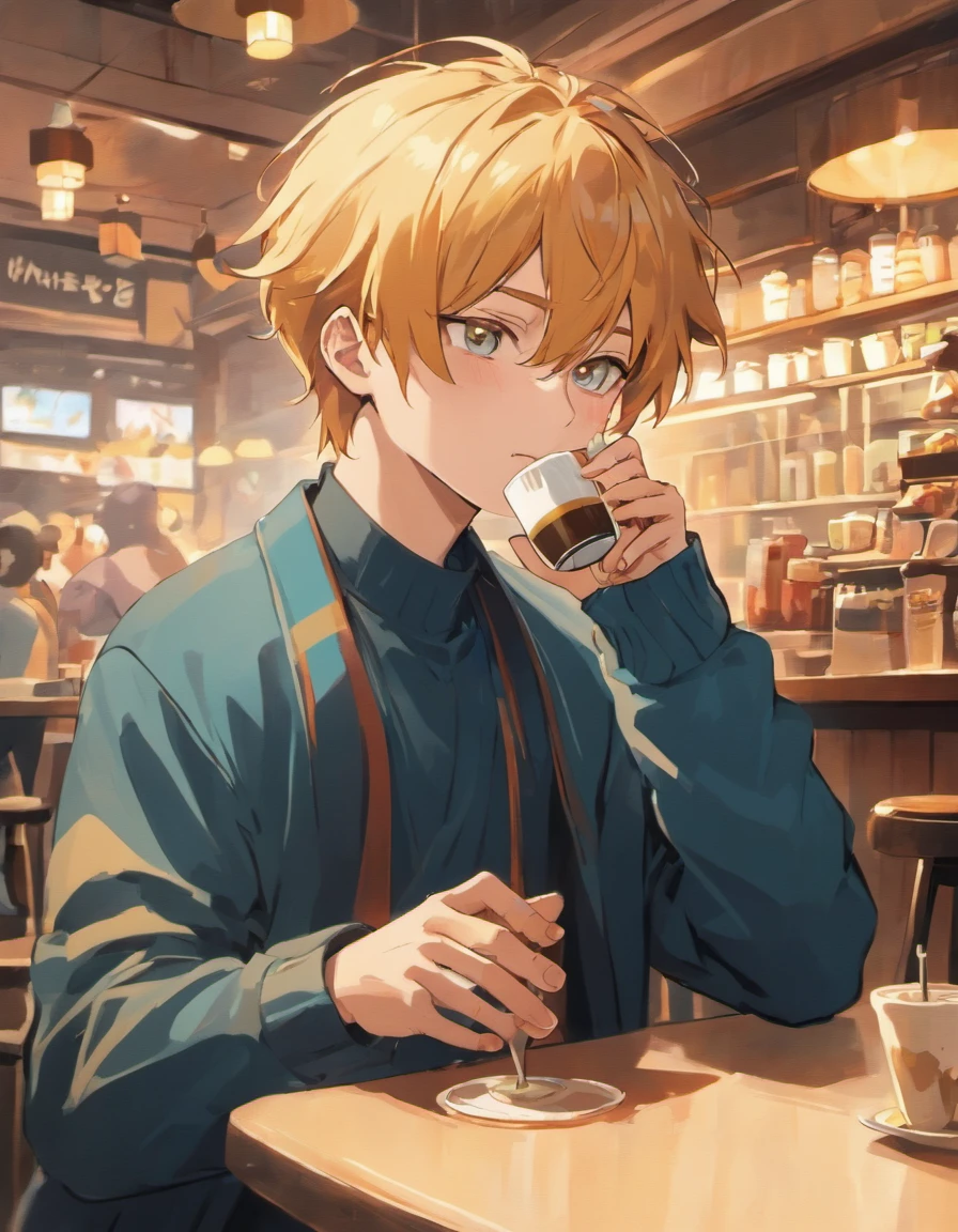 Satoru Gojo drinking coffee at a café、(Stylish clothes:1.5),blue-sky、outside of house、