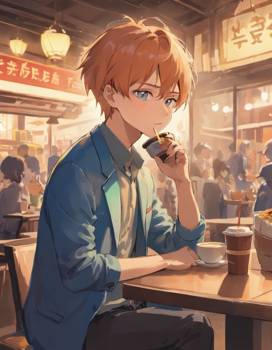 Satoru Gojo drinking coffee at a café、(Stylish clothes:1.5),blue-sky、outside of house、