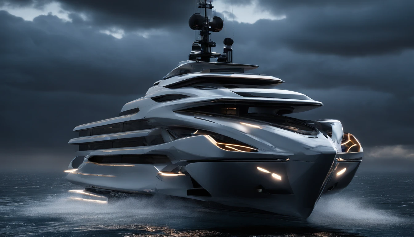 Generate a photo-realistic masterpiece of a futuristic yacht navigating through a dynamic lightning storm in the middle of the open ocean. The dramatic weather conditions, combined with cinematic lighting and mood, should resemble the work of Joel Sartore.