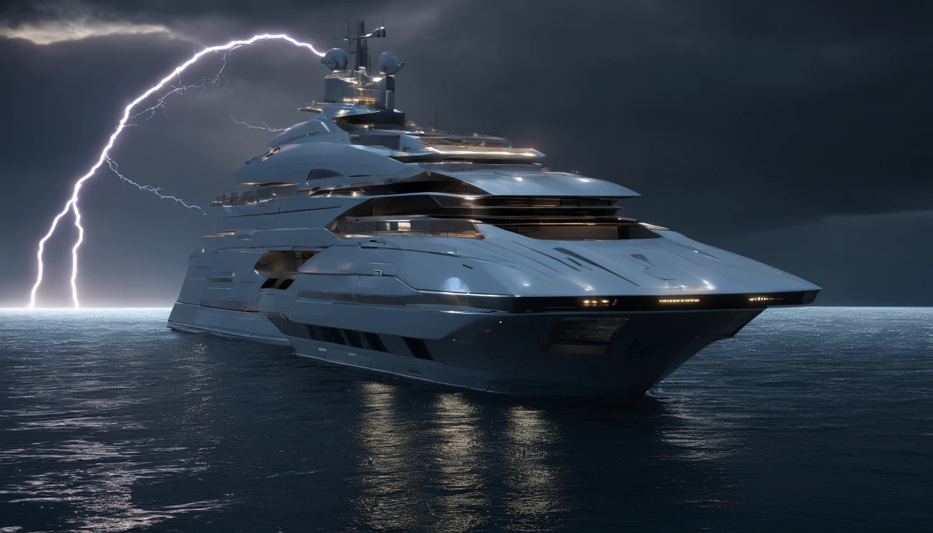 Generate a photo-realistic masterpiece of a futuristic yacht navigating through a dynamic lightning storm in the middle of the open ocean. The dramatic weather conditions, combined with cinematic lighting and mood, should resemble the work of Joel Sartore.