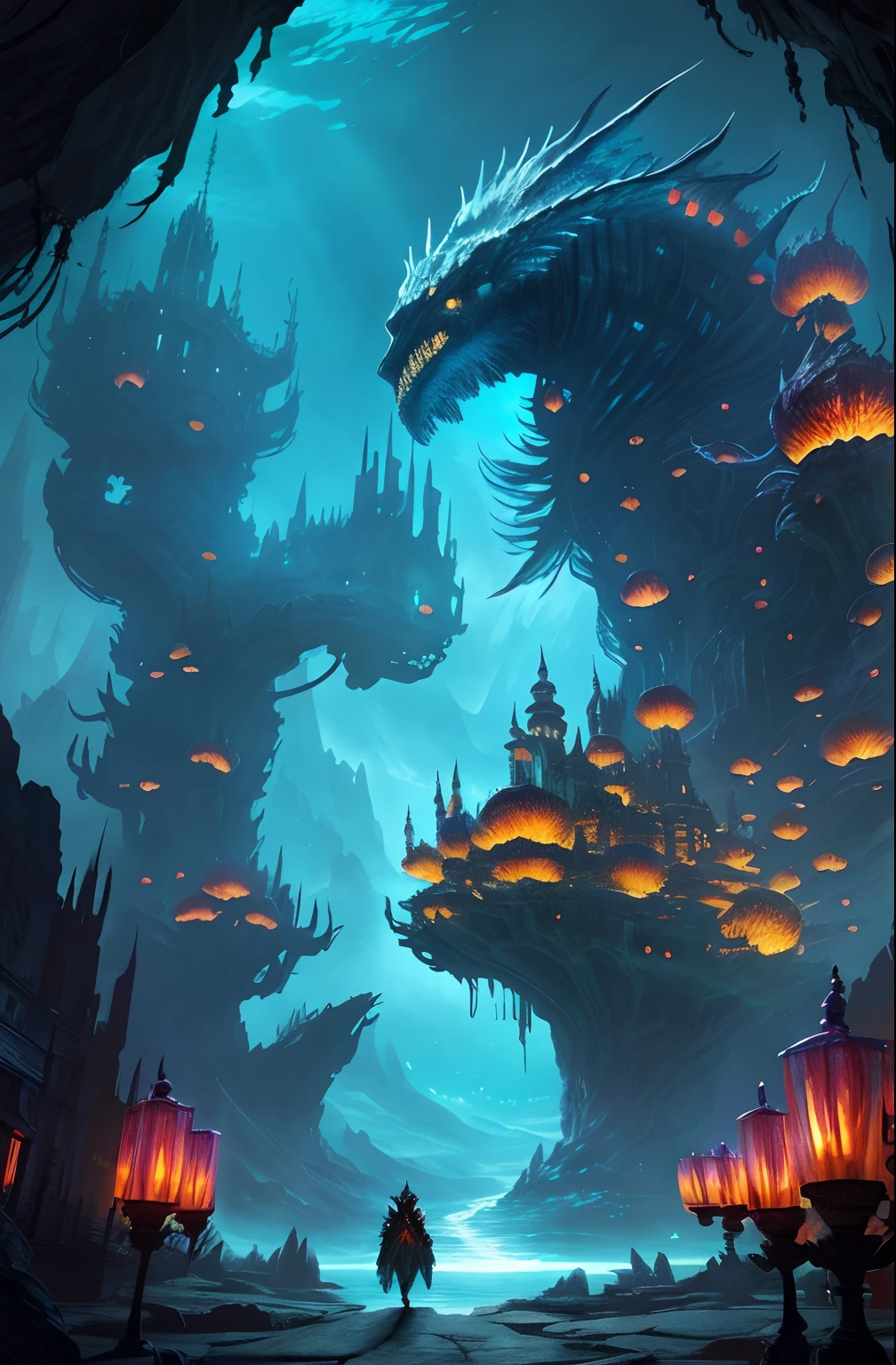 fantasy concept art,A huge underwater kingdom,abyssal,Epic reality,Nice lighting decoration,wide wide shot,8k 辛烷值渲染,realisticlying,epic shot,电影灯光,Detailed architecture,Detailed fish,brilliant colorful