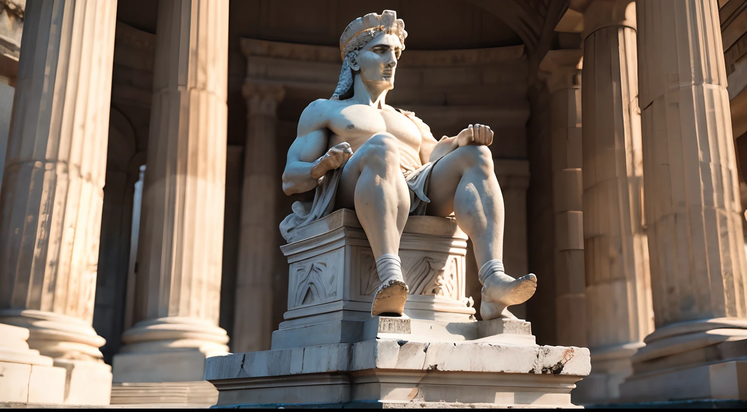 Ancient Greek statue with angry expression, Outside, com rosto extremamente detalhado full body view, Colors with low saturation with dark tone, Filmado em Sony A7S III com Sony FE 35mm f/1.8, 12.1 MP, --AR 3:2 --estilo cru