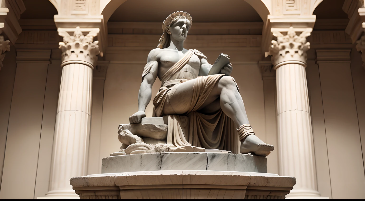 Ancient Greek statue with angry expression, Outside, com rosto extremamente detalhado full body view, Colors with low saturation with dark tone, Filmado em Sony A7S III com Sony FE 35mm f/1.8, 12.1 MP, --AR 3:2 --estilo cru