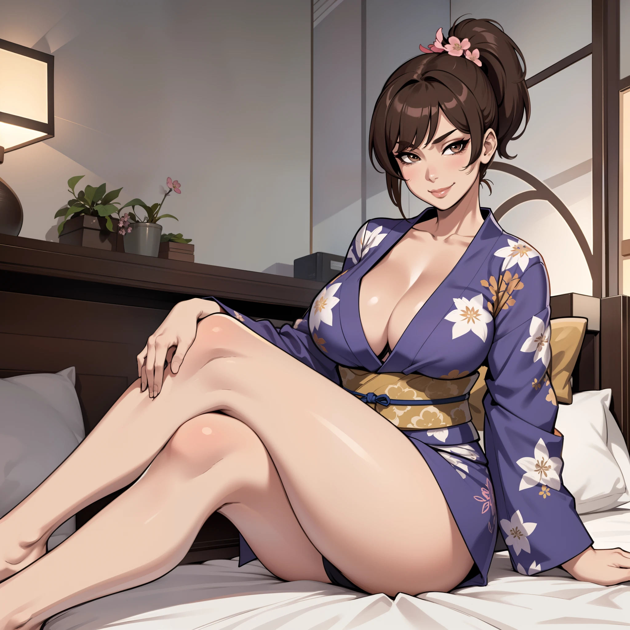 one female with short ponytail brown haircut, has brown eyes, wearing blue cherry blossom kimono, alone, solo, (ALONE)(SOLO), showing cleavage, facing forward, looking at me, looking forward, smirk, showing full legs, looking casual, sitting on bed, large chest