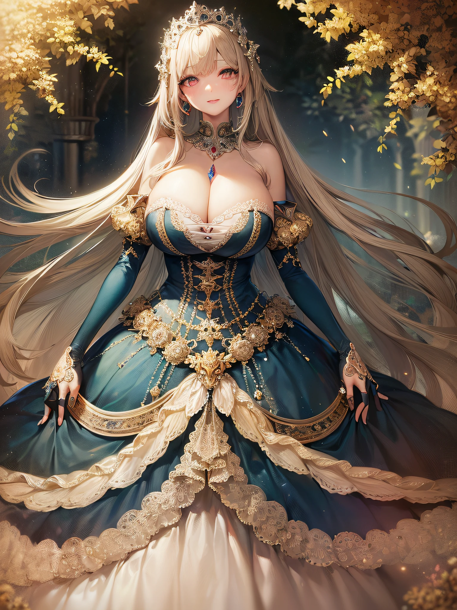 ((anime artstyle)),(Masterpiece),(Best Quality), (Super Detail),(Highly Detailed CG Unity 8k wallpaper),((Very Delicate and Beautiful)),cinematic lighting,1 girl,((full body portrait)),((standing in garden)),((solo)),(((1 fairytale princess in gorgeous embroidery and jeweled extremely gorgeous rococo princess ballgown with voluminous full length hoop skirt))),an hourglass waist,padded and corseted bodice,(((huge crinoline hoopskirt))),long train,((gorgeous embroidery and jeweled)),voluminous frills,See-through,(((extremely gigantic tits,skindentation))),cleavage,((absurdly Long Straight Hair,extremely voluminous Straight long Hair,absurdly Long Straight Hair)),(finely detailed face and eyes),(Blush,Smile),clear pupil,extremely gorgeousfull hair ornament,(bling-bling jeweled extremely gorgeousfull tiara),((bling-bling gorgeous gemstone jewelry)),gorgeous long veil,((ultra long gloves)),(beautiful background),(full body),((gorgeous embroidery and jeweled extremely gorgeous rococo princess ballgown with voluminous full length hoop skirt))