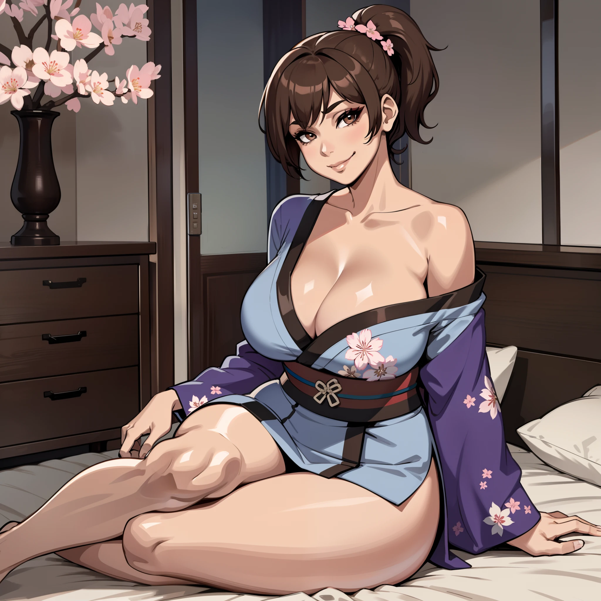 one female with short ponytail brown haircut, has brown eyes, wearing blue cherry blossom kimono, alone, solo, (ALONE)(SOLO), showing cleavage, facing forward, looking at me, looking forward, smirk, showing full legs, looking casual, sitting on bed, large chest