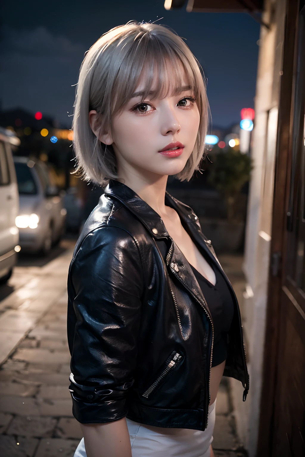 ((masterpiece)), ((best quality)), (ultra-detailed), ((extremely detailed)), 4K, (8K), best quality, (beautiful), dynamic angle, city, town, night, a cute girl, 1girl, solo, leather jacket, beautiful silver hair0, ((beautiful eyes)), short hair, cool