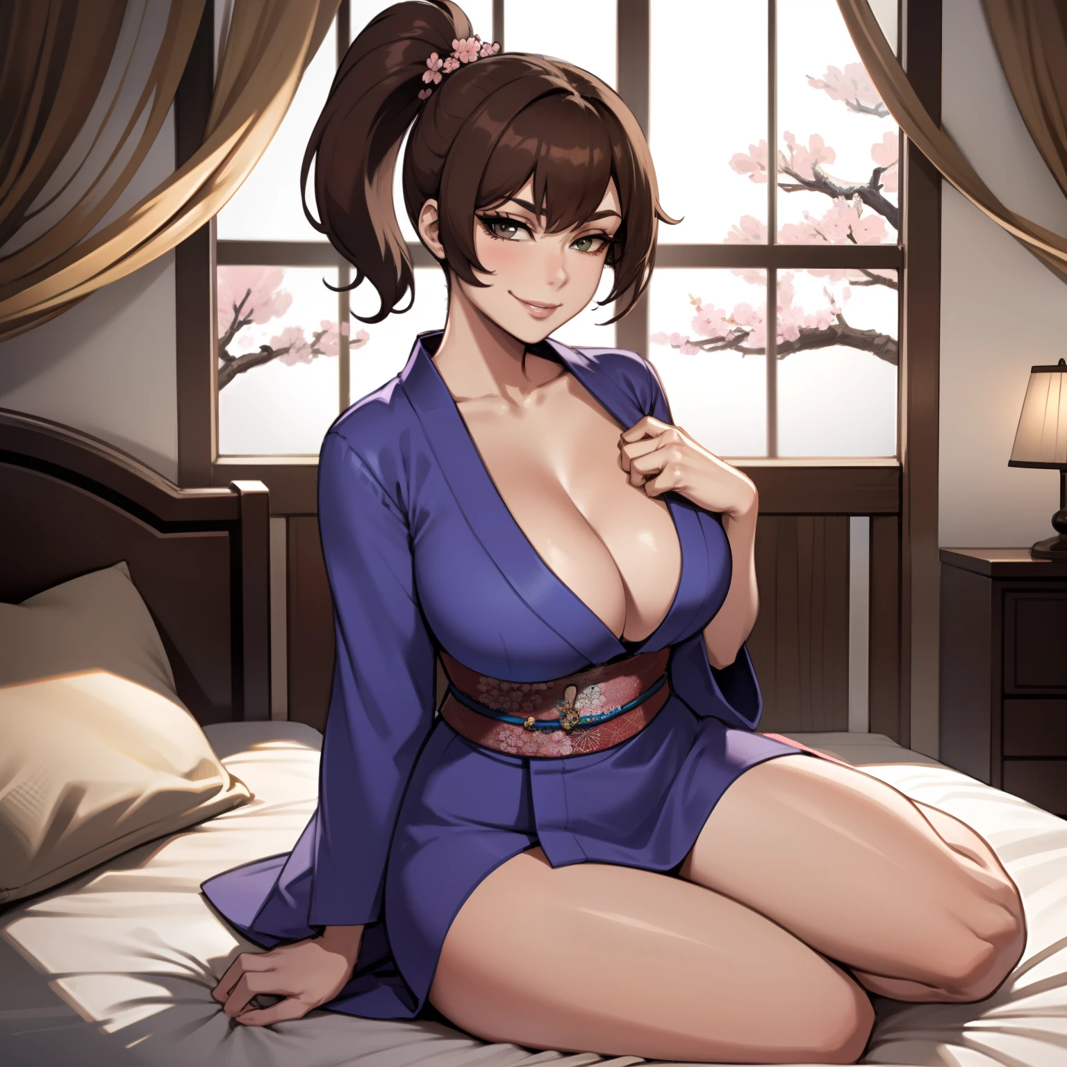 one female with short ponytail brown haircut, has brown eyes, wearing blue cherry blossom kimono, alone, solo, (ALONE)(SOLO), showing cleavage, facing forward, looking at me, looking forward, smirk, showing full legs, looking casual, sitting on bed, large chest