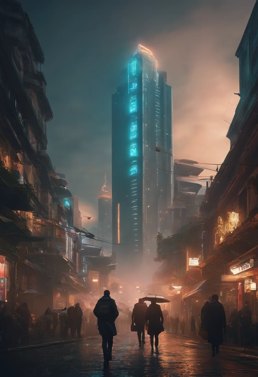people walking in a city at night with a large clock tower in the background, em uma cidade cyberpunk futurista, futuristic cyberpunk scenario, arstation e bipe altamente, Em Fantasy Sci - Cidade de Fi:, Sci-Fi Cyberpunk Rua da Cidade, busy cyberpunk metropolis, 3 d render bipe, cinematic beeple, rua da cidade cyberpunk, em estilo de bipe