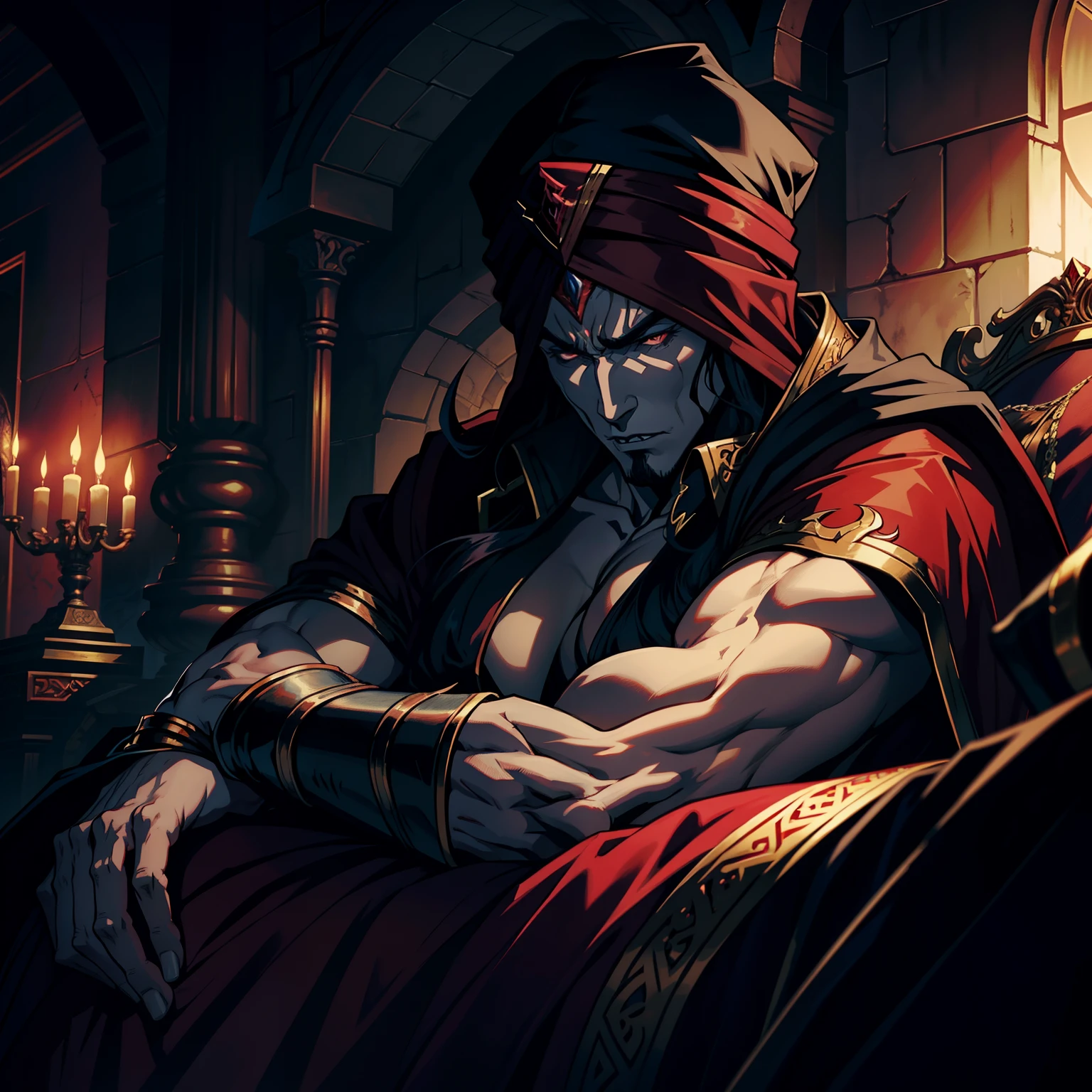 Castlevania Hyper Realistic Shadow Lord Super Detailed Dynamic Shot Master Piece of Lord Dracula Medieval Arab Warrior with Red Turban Scary Face Hokuto No Ken Structure Muscular Face Kenshiro sitting in his legendary Moroccan throne surrounded by demons and 3 scary demons Speaking of Ancient Rolls Cinematic Scenes Epic Movie Hyper Realistic Movie Legendary Movie Epic Movie Epic Movie Epic Movie Epic Movie Epic Movie Epic Movie Perspective 3 points Environment Enlarged view 3D view lower angle