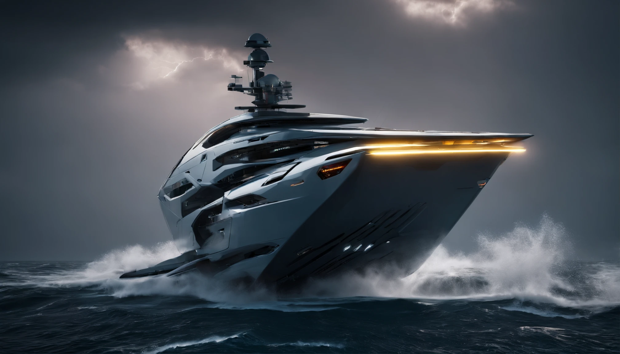 Generate a photo-realistic masterpiece of a futuristic yacht navigating through a dynamic lightning storm in the middle of the open ocean. The dramatic weather conditions, combined with cinematic lighting and mood, should resemble the work of Joel Sartore.