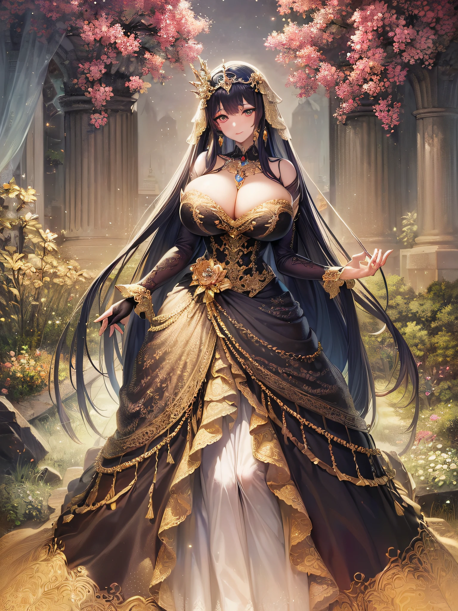 ((anime artstyle)),(Masterpiece),(Best Quality), (Super Detail),(Highly Detailed CG Unity 8k wallpaper),((Very Delicate and Beautiful)),cinematic lighting,1 girl,((full body portrait)),((standing in garden)),((solo)),(((1 fairytale princess in gorgeous embroidery and jeweled extremely gorgeous rococo princess ballgown with voluminous full length hoop skirt))),an hourglass waist,padded and corseted bodice,(((huge crinoline hoopskirt))),long train,((gorgeous embroidery and jeweled)),voluminous frills,See-through,(((extremely gigantic tits,skindentation))),cleavage,((absurdly Long Straight Hair,extremely voluminous Straight long Hair,absurdly Long Straight Hair)),(finely detailed face and eyes),(Blush,Smile),clear pupil,extremely gorgeousfull hair ornament,(bling-bling jeweled extremely gorgeousfull tiara),((bling-bling gorgeous gemstone jewelry)),gorgeous long veil,((ultra long gloves)),(beautiful background),(full body),((gorgeous embroidery and jeweled extremely gorgeous rococo princess ballgown with voluminous full length hoop skirt))