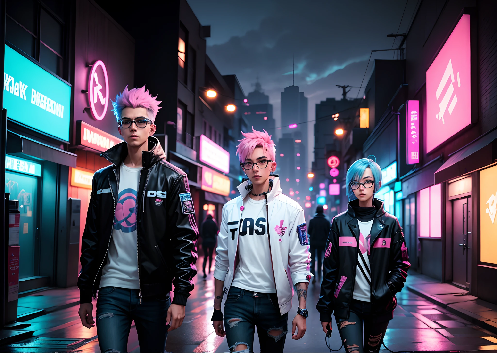 Book cover with a girl with platinum hair and dark gray eyes next to a boy with spiky pink hair and a yellow hoodie. No universo de Cyberpunk em NightCity.
