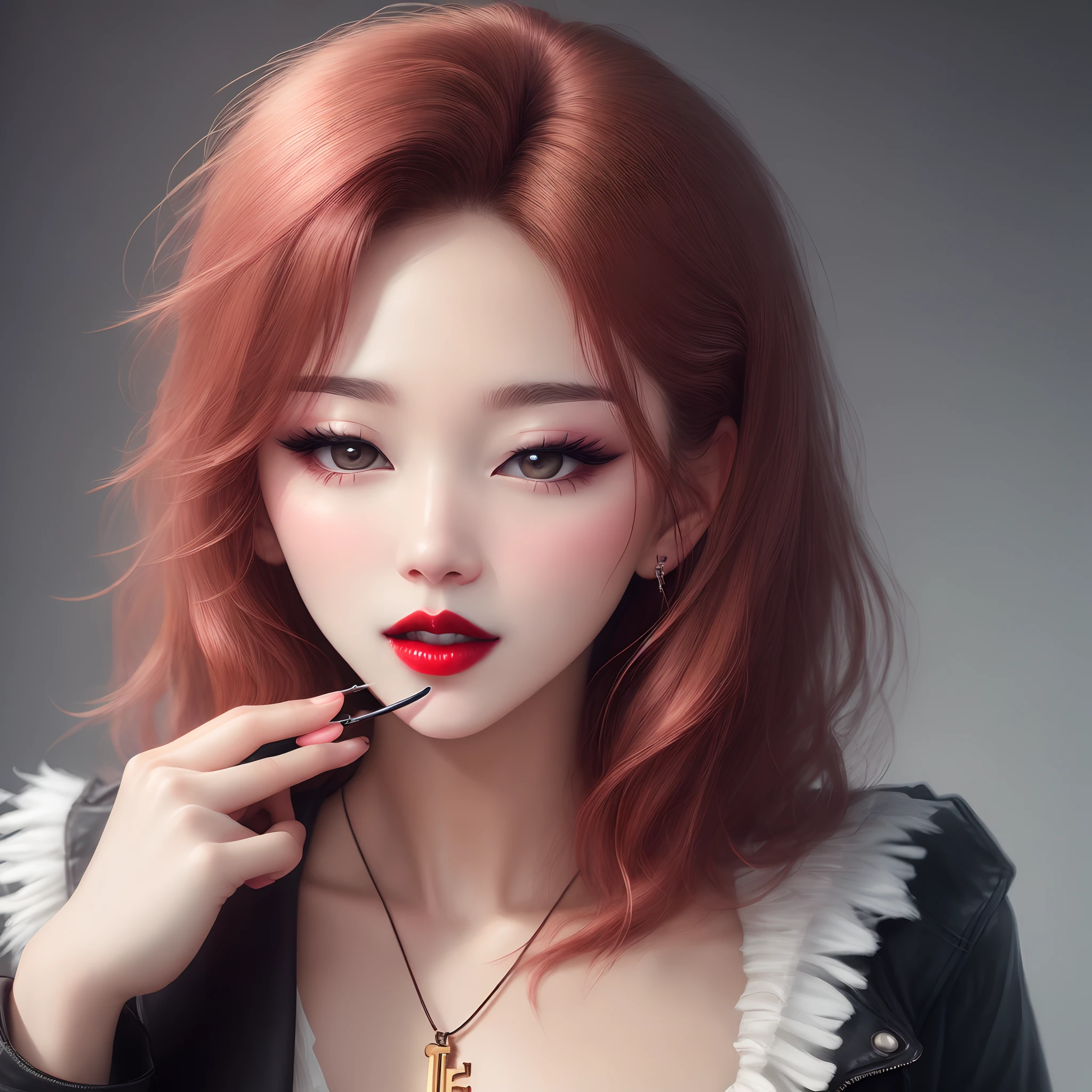 Red lips hushing with key up to lips instead of finger