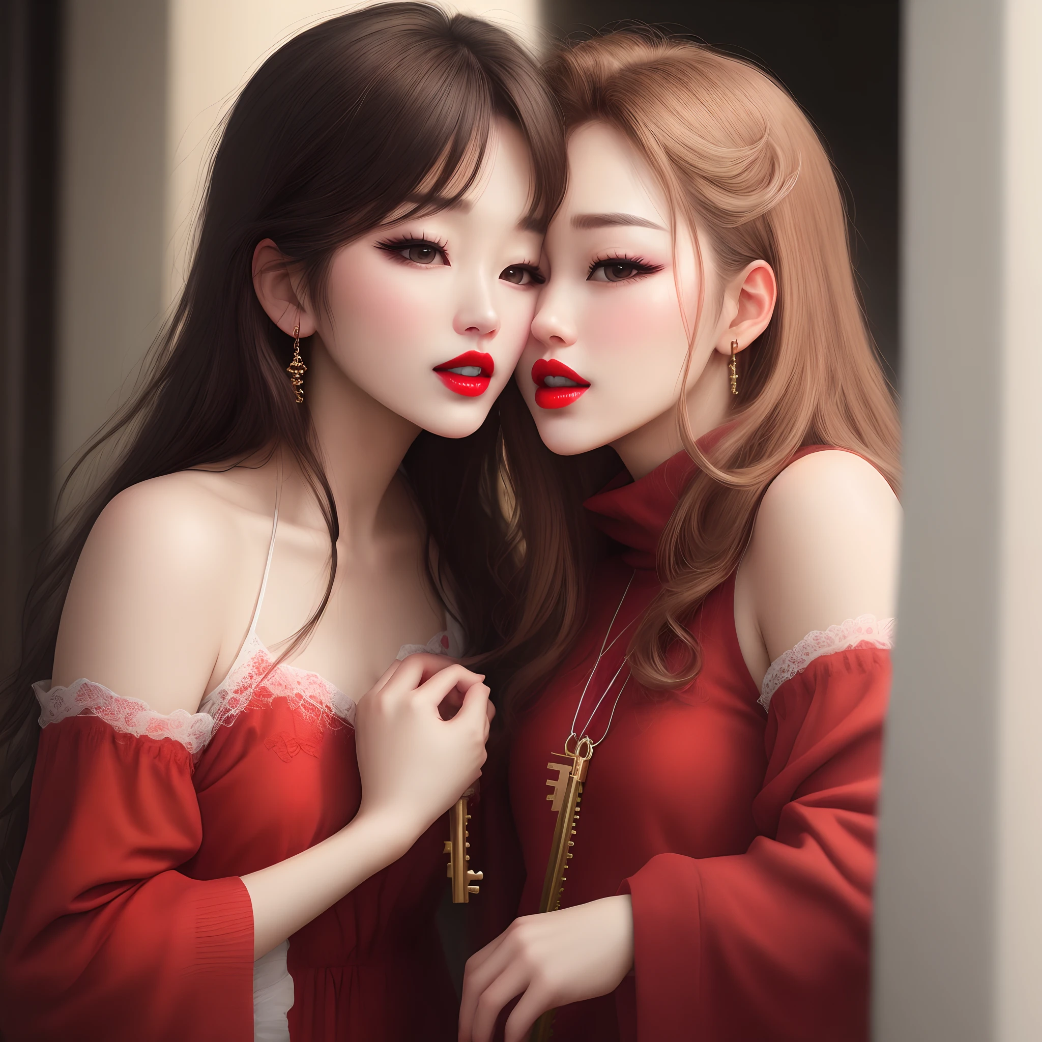 Red lips hushing with key up to lips instead of finger