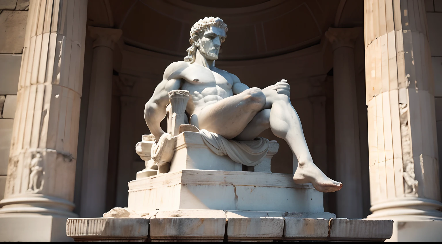 Ancient Greek statue with angry expression, Outside, com rosto extremamente detalhado full body view, Colors with low saturation with dark tone, Filmado em Sony A7S III com Sony FE 35mm f/1.8, 12.1 MP, --AR 3:2 --estilo cru