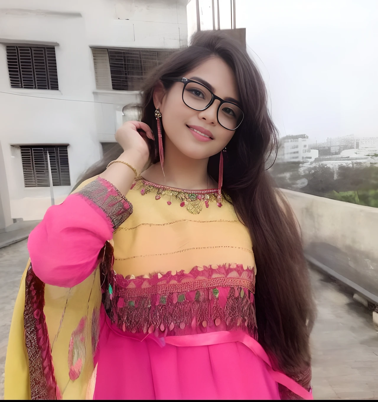 a close up of a woman in a pink dress and glasses, with accurate face, very beautiful girl, traditional beauty, profile pic, assamese aesthetic, with lovely look, with a beautifull smile, very very low quality picture, photo taken in 2 0 2 0, portait photo profile picture, student, wearing bihu dress mekhela sador
