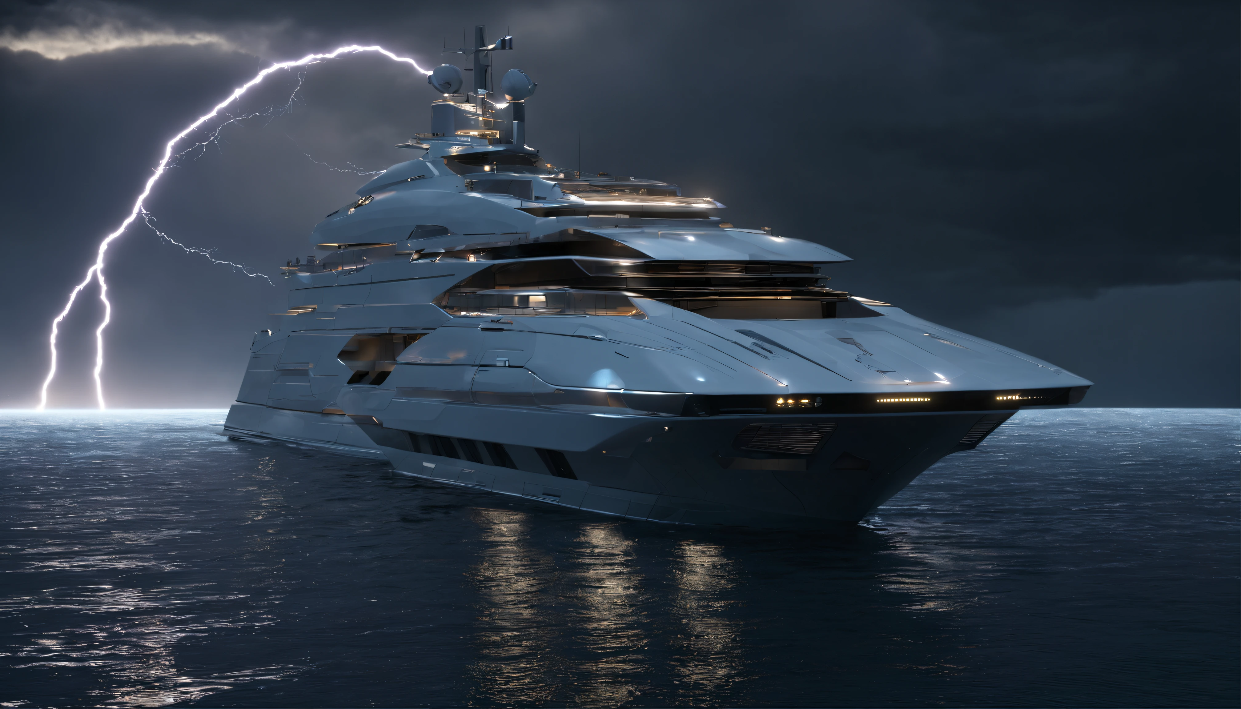 Generate a photo-realistic masterpiece of a futuristic yacht navigating through a dynamic lightning storm in the middle of the open ocean. The dramatic weather conditions, combined with cinematic lighting and mood, should resemble the work of Joel Sartore.