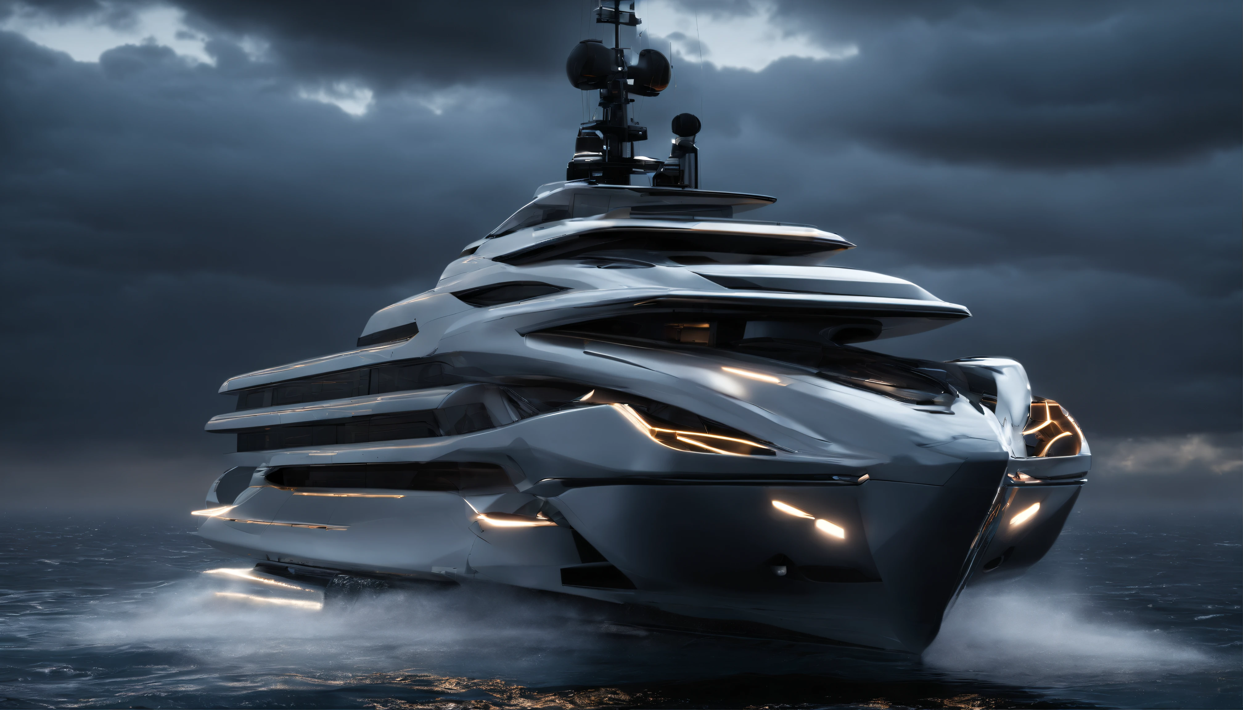 Generate a photo-realistic masterpiece of a futuristic yacht navigating through a dynamic lightning storm in the middle of the open ocean. The dramatic weather conditions, combined with cinematic lighting and mood, should resemble the work of Joel Sartore.