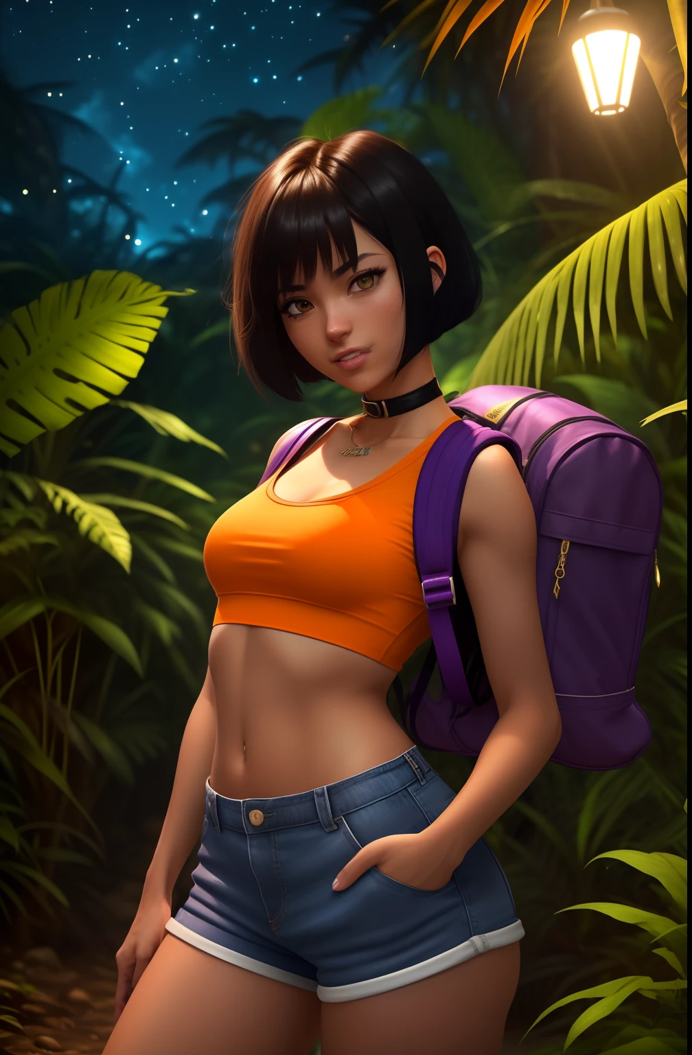 a woman in shorts and a tank top posing in the jungle, realistic anime 3 d style, alena aenami and artgerm, adventure hyper realistic render, trendin on artstation, senna from league of legends, photorealistic anime girl render, faye valentine, trending on artstation hd, anime styled 3d, alena aenami and android jones