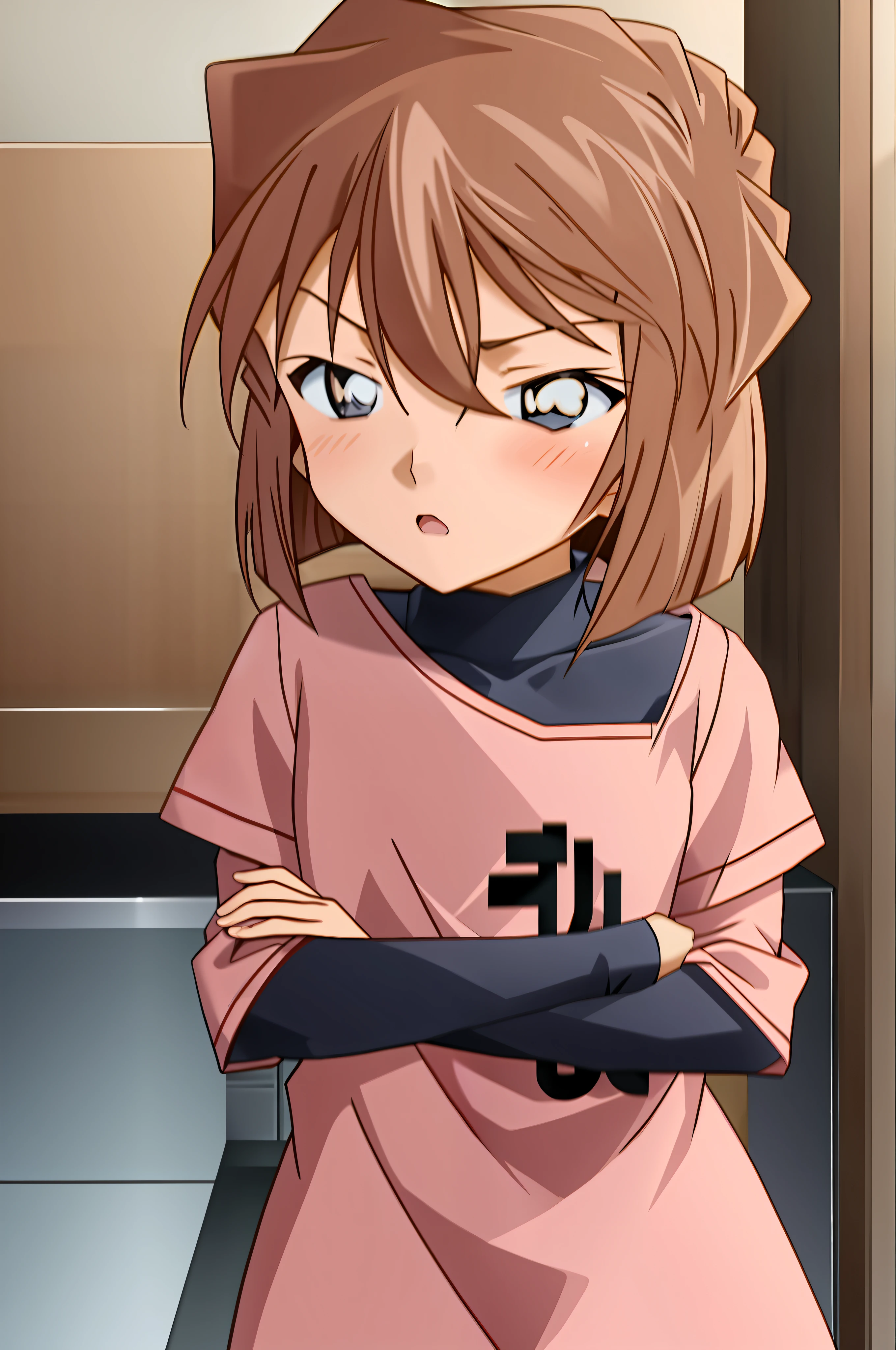 adult haibaratv,1girl,anime screencap,brown hair,short hair, indoors,sulking, tsundere, pink pyjamas, 16:9 ratio, blushing