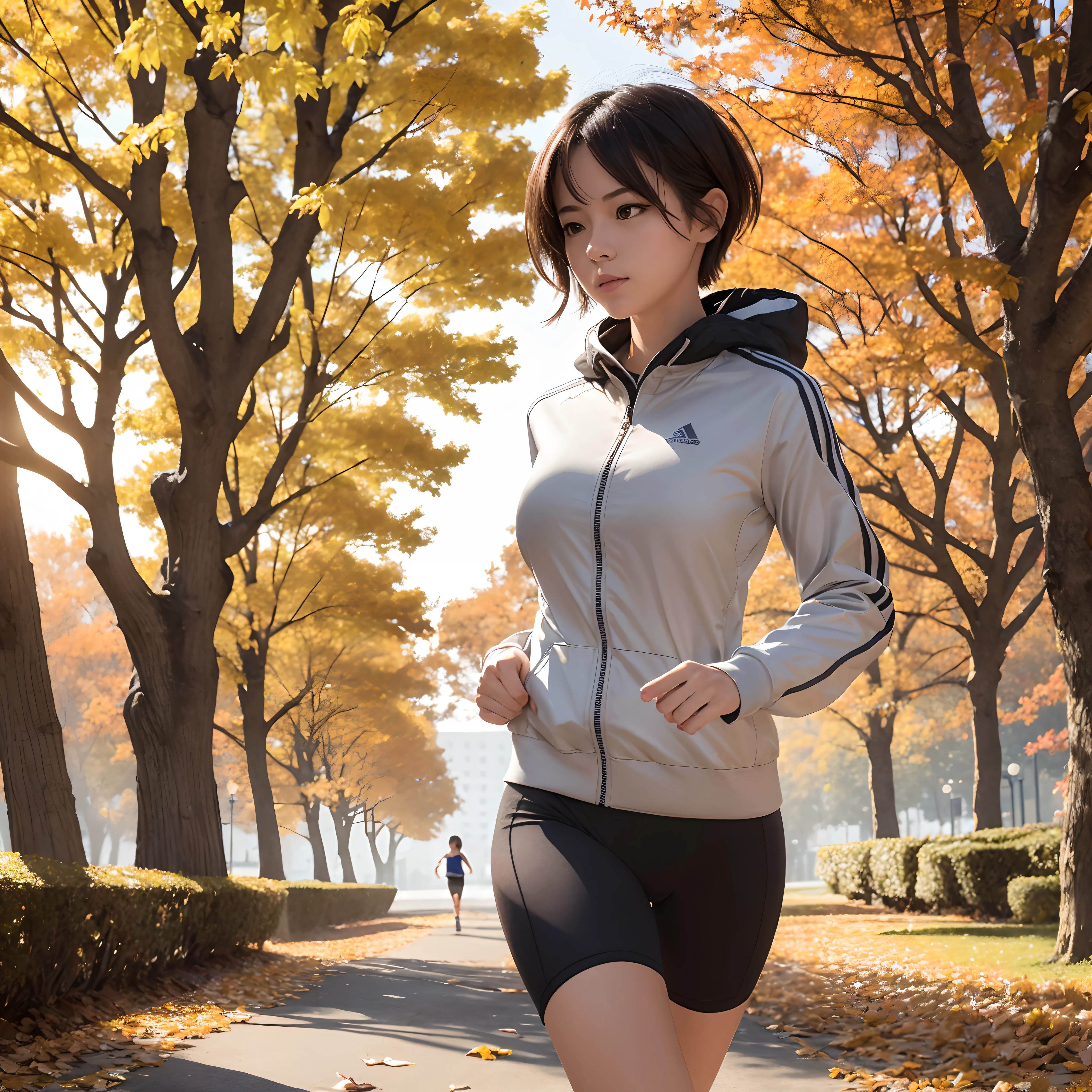 masterpiece, award winning, super detail, high quality, illustration, drawing, girl, solo, she is jogging, short hair, autumn clothes, at the park, tree-lined avenue, the trees are turning autumn leaves, in the morning, in autumn, natural light, sporty