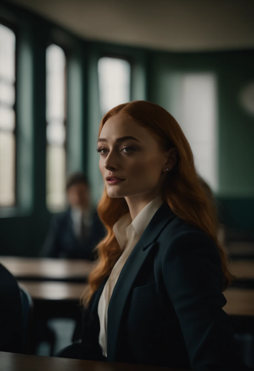 Portrait of Sophie Turner, suit blazer, topless, in a classroom